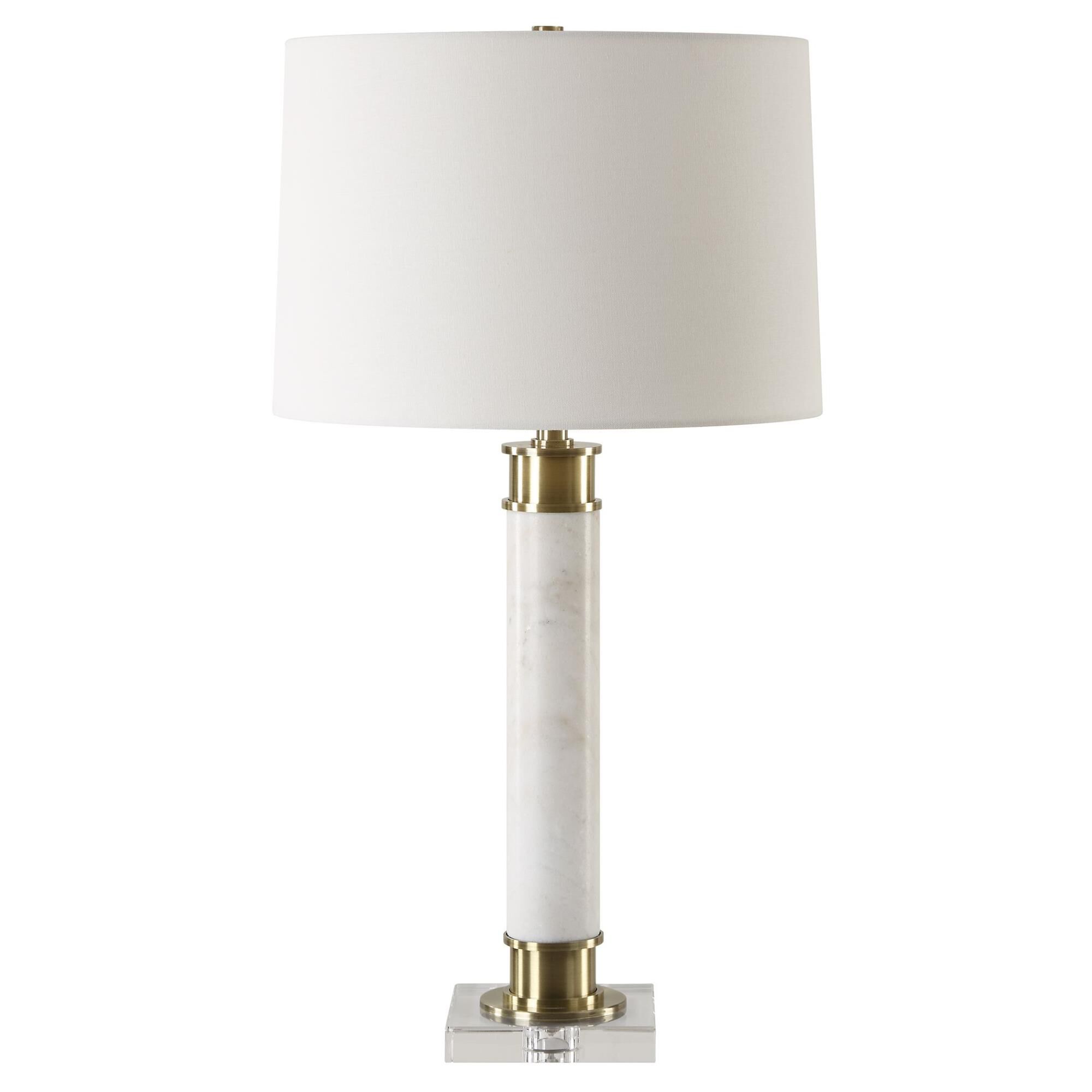 Shown in Crafted From White Marble With Subtle Veining, This Table Lamp Is Displayed On A Thick Crystal Foot, finish and Round Hardback shade