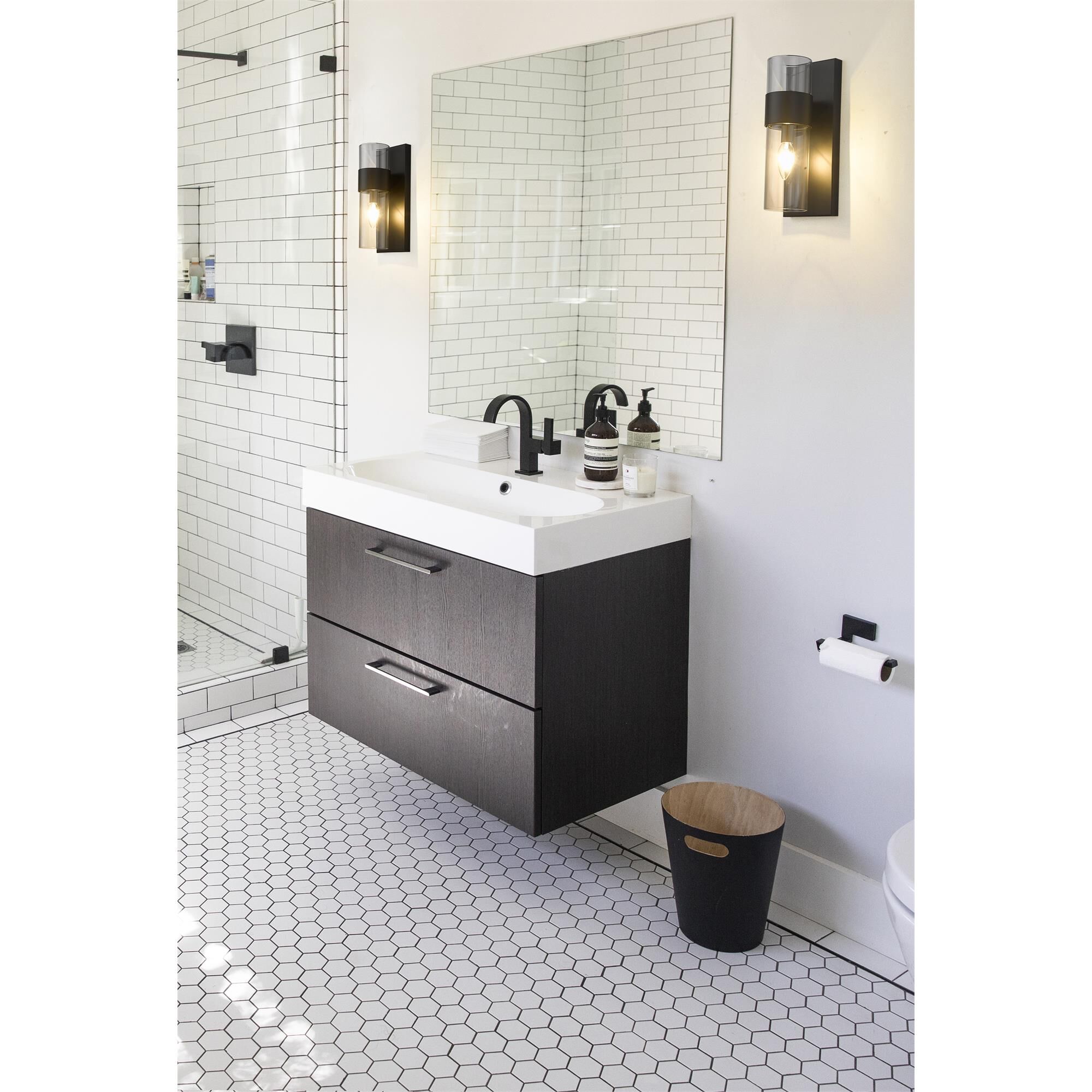 Shown in Matte Black finish and Clear glass and Clear shade
