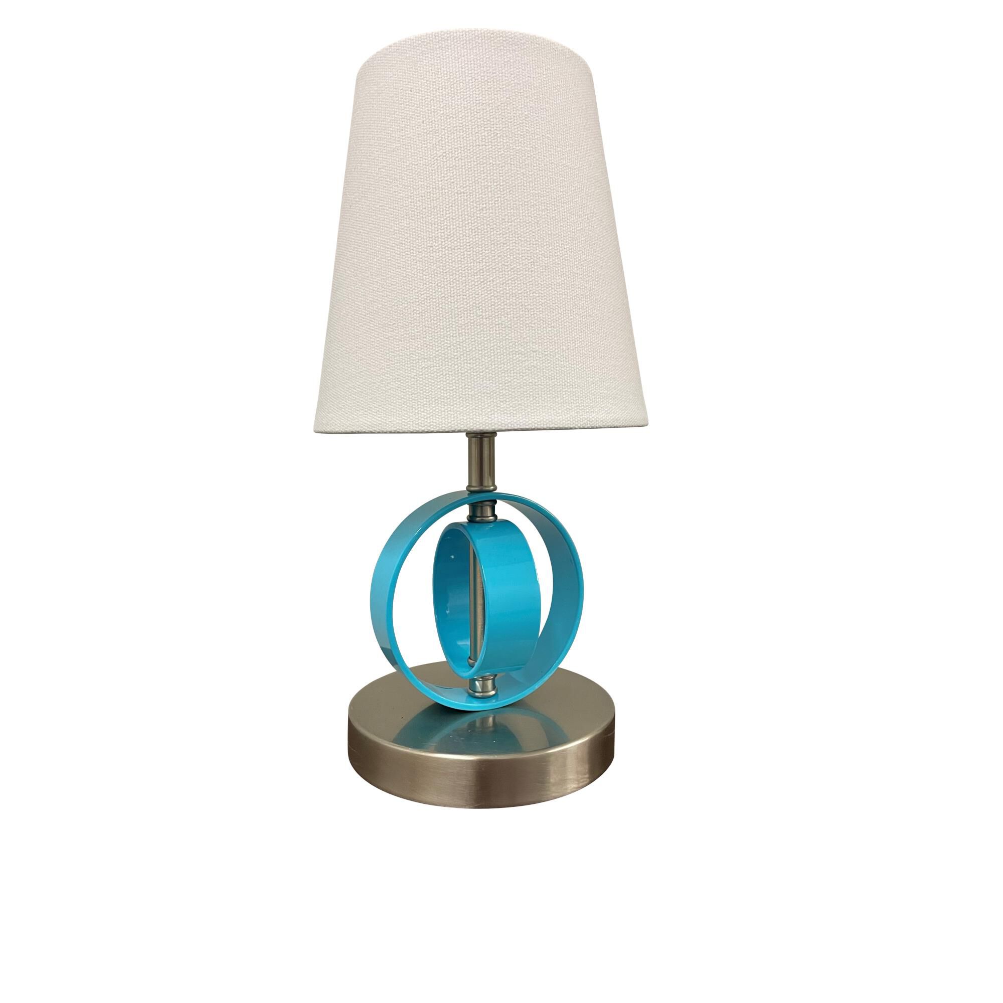 Shown in Satin Nickel and Azure finish and White Linen Hardback shade