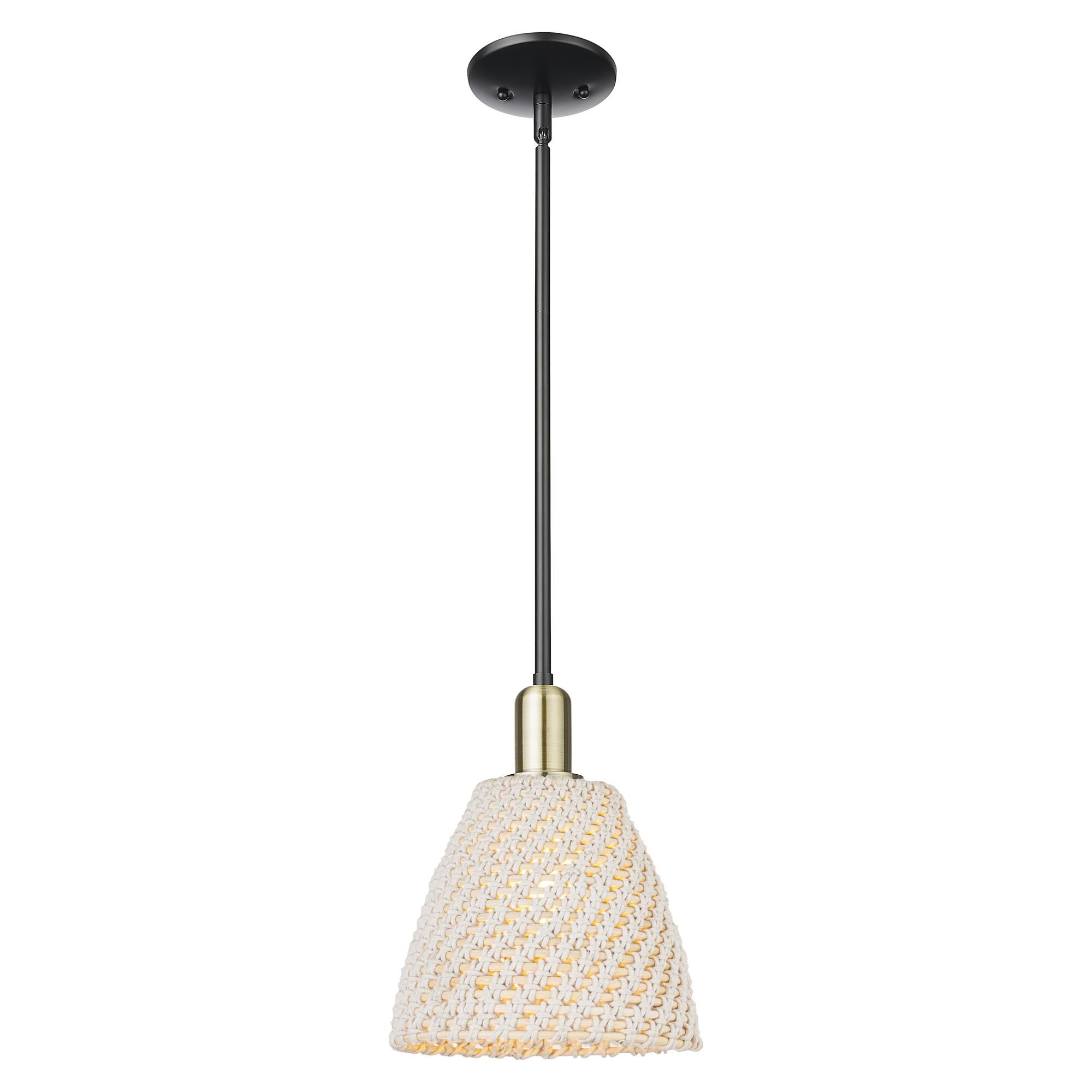 Shown in Black Antique Brass finish and Natural shade