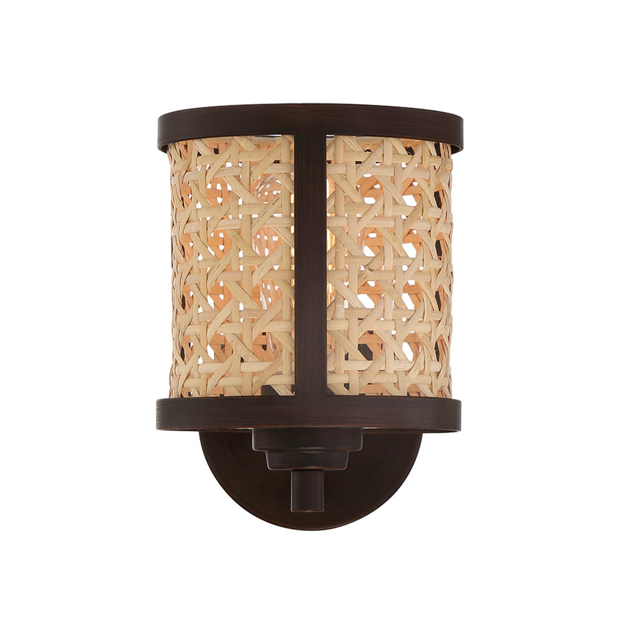 Shown in Aged Bronze Brushed finish and Natural glass and Rattan shade