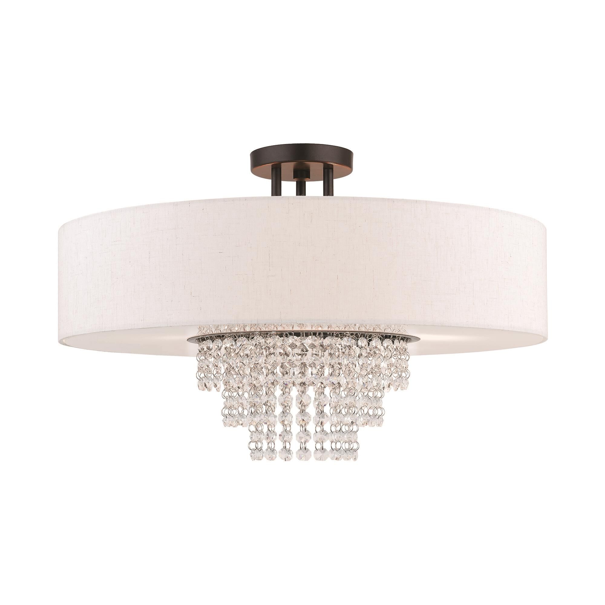 Shown in English Bronze finish and Hand Crafted Oatmeal Color Fabric Outside & White Fabric Inside Hardback  with Clear Crystals shade