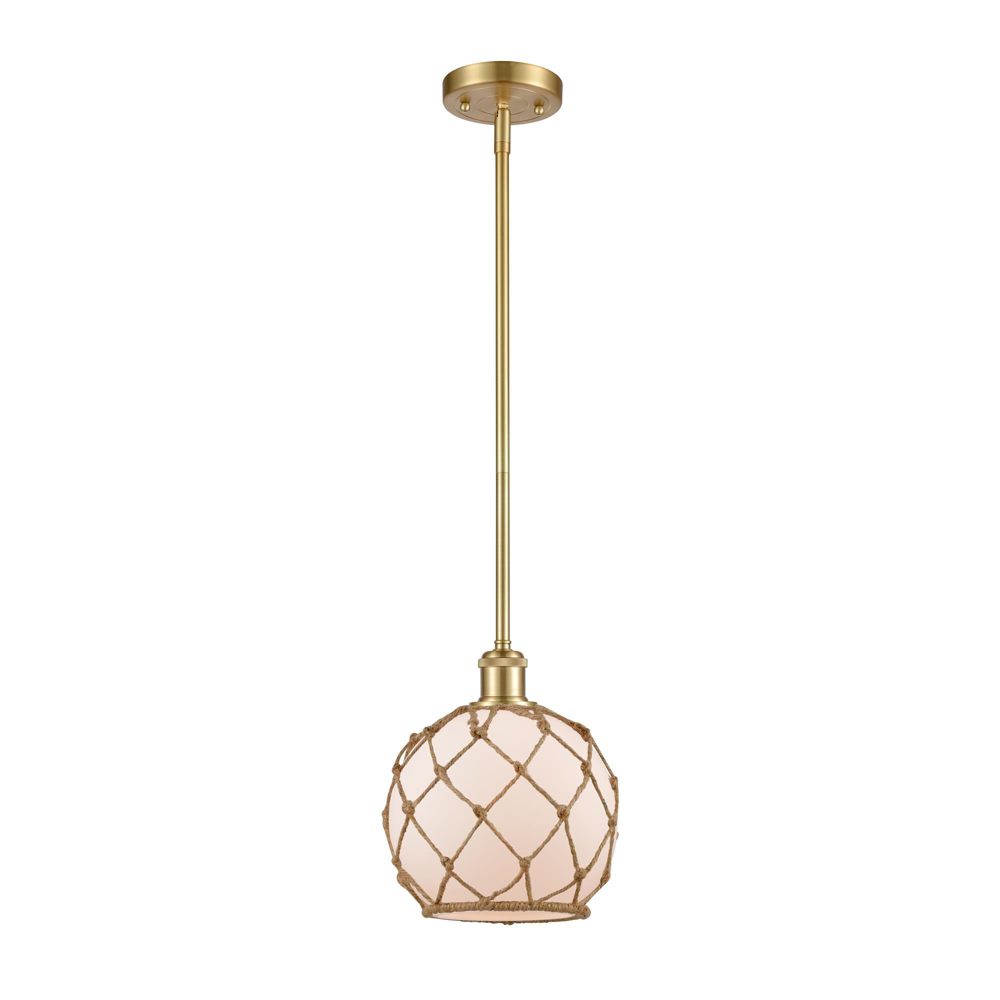 Shown in Satin Gold finish and White Farmhousewith Brown Rope glass