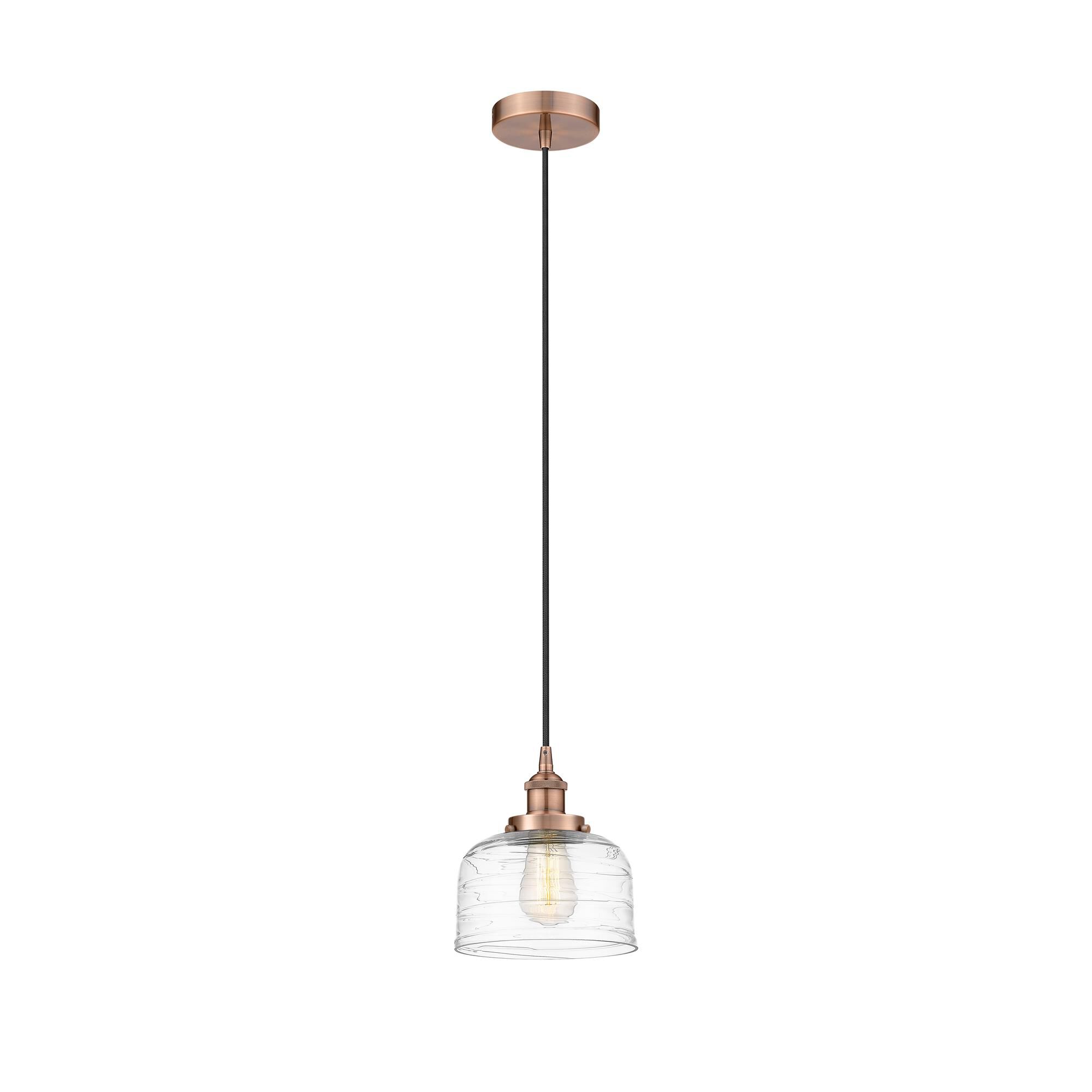 Shown in Antique Copper finish and Clear Deco Swirl glass