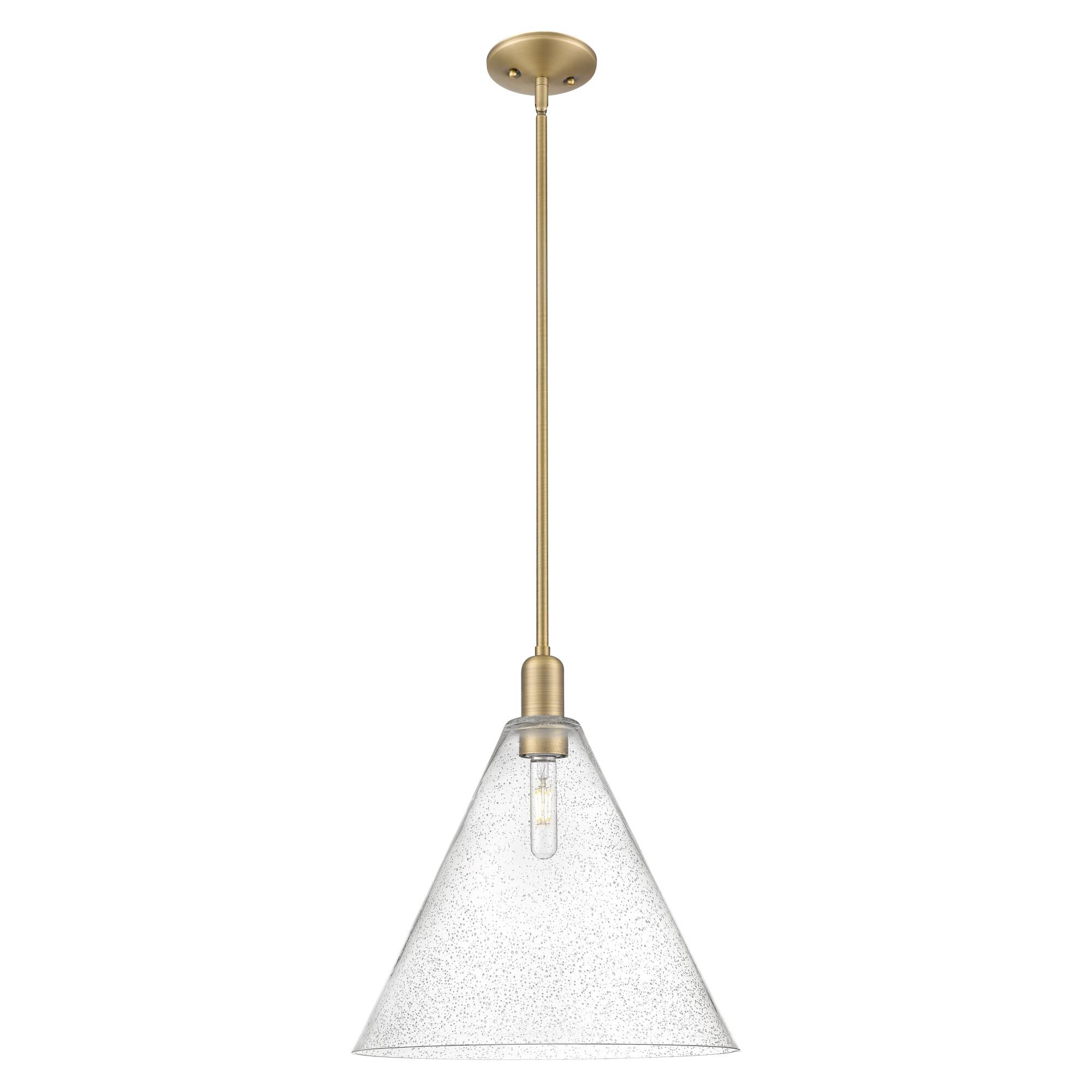 Shown in Brushed Brass finish and Seedy glass