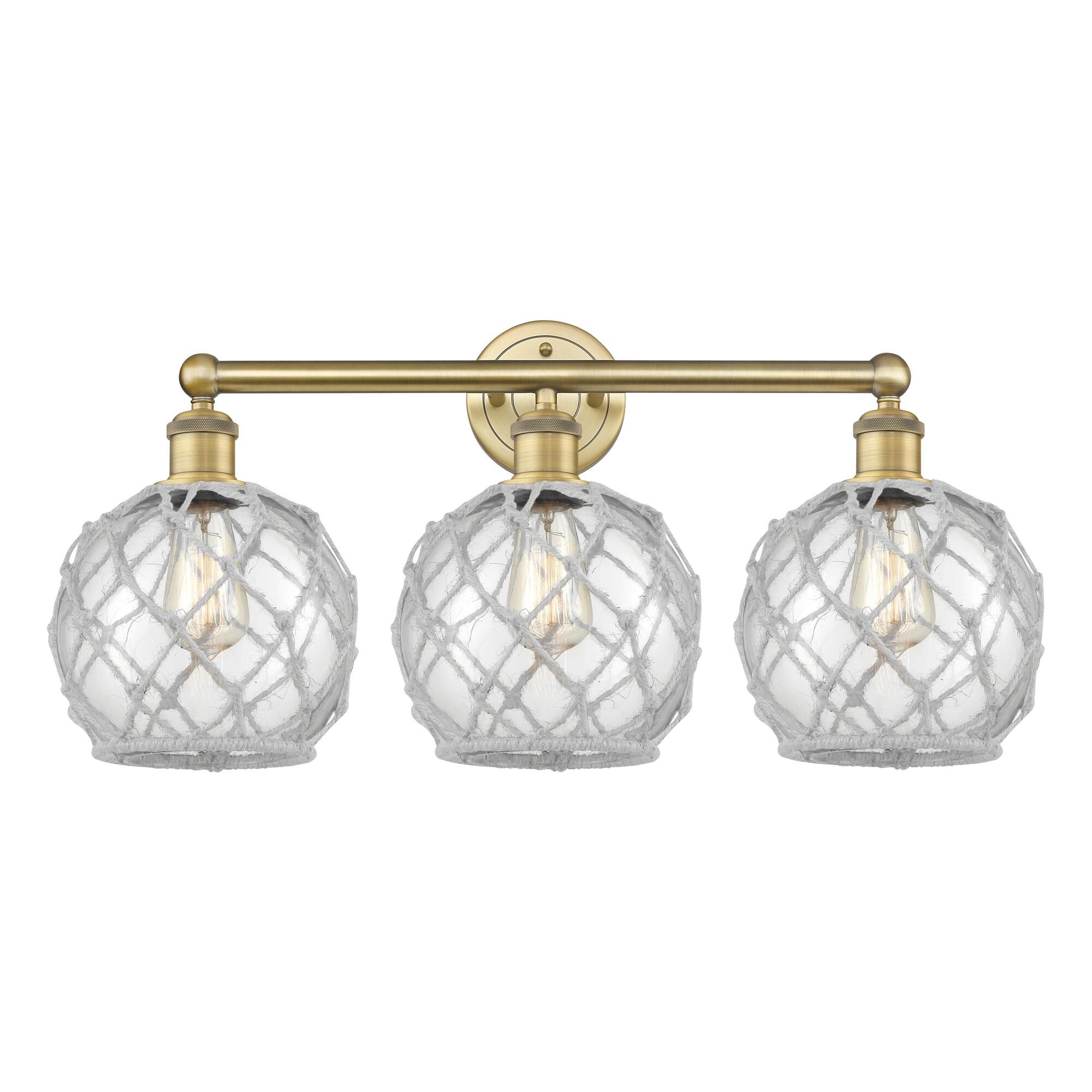 Shown in Brushed Brass finish and Clear with White Rope glass
