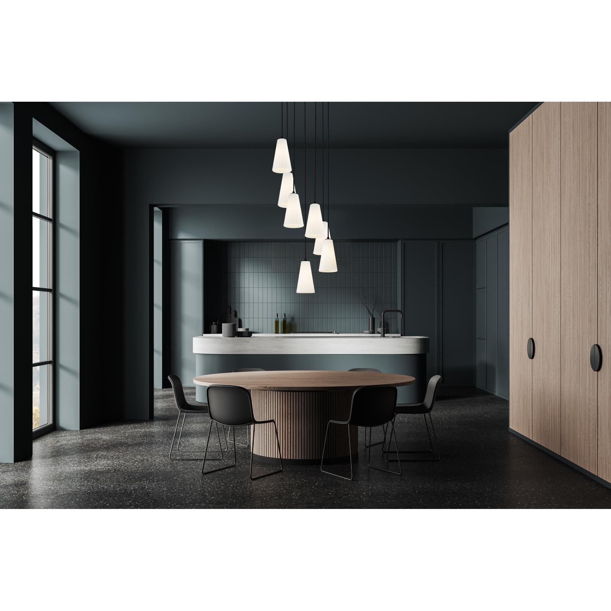 Shown in Matte Black finish and White glass and White shade