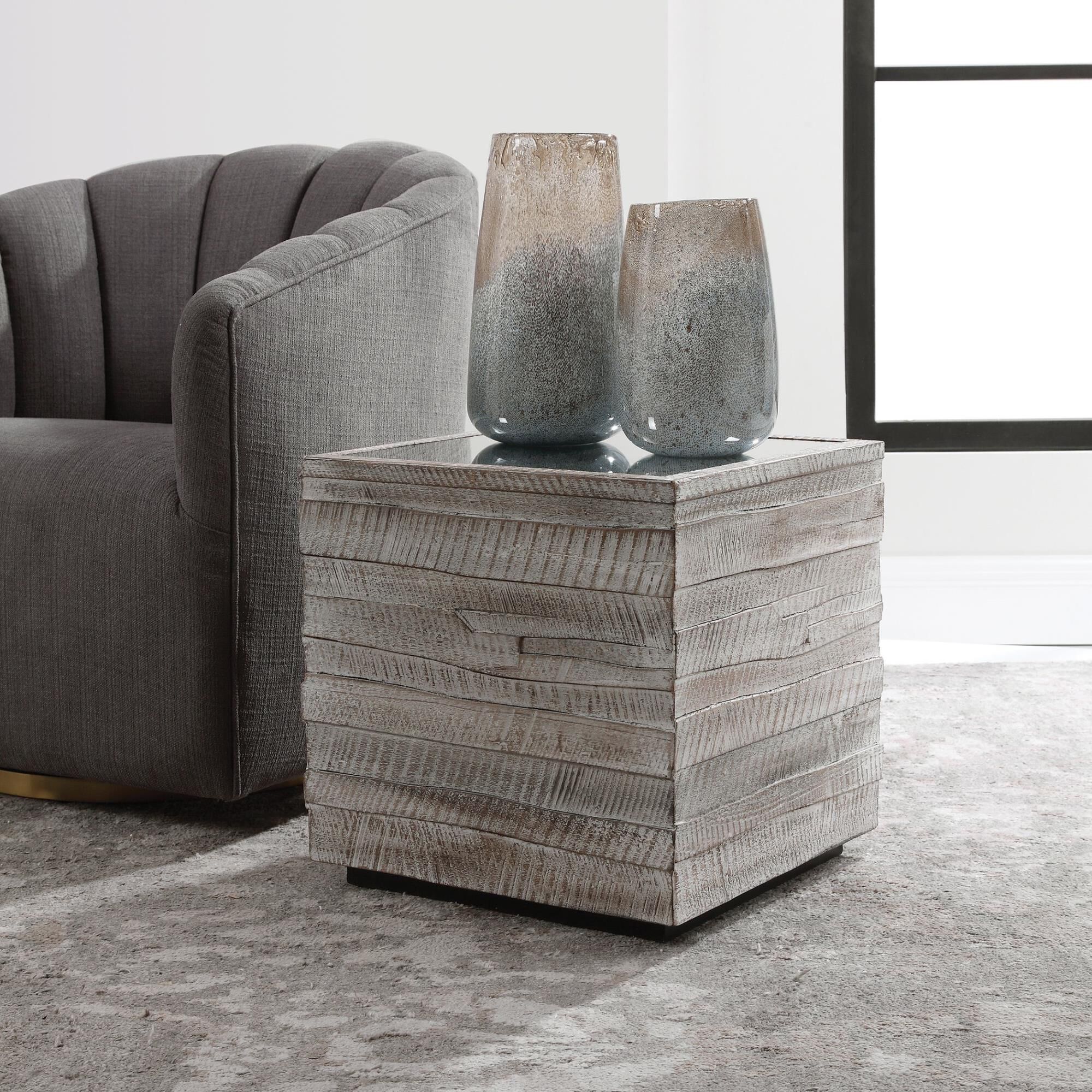Shown in This Casual Rustic Side Table Features A Pieced Fir Wood Construction With Natural Distress And Chat finish