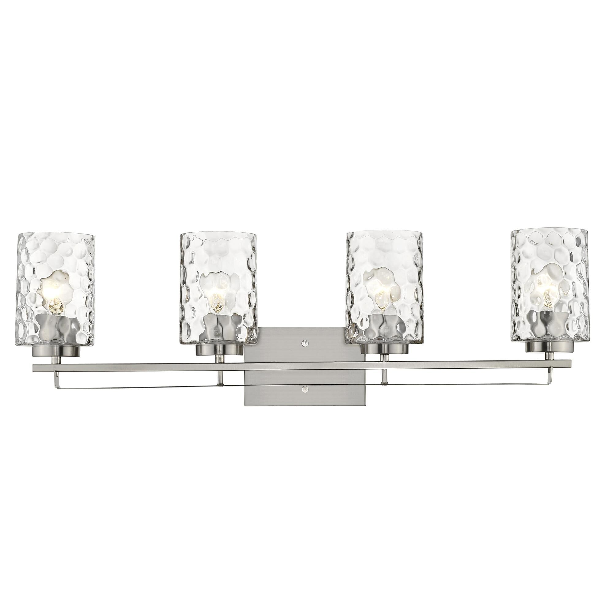 Shown in Satin Nickel finish and Clear glass and Clear, Optic Cylindrical Glass shade