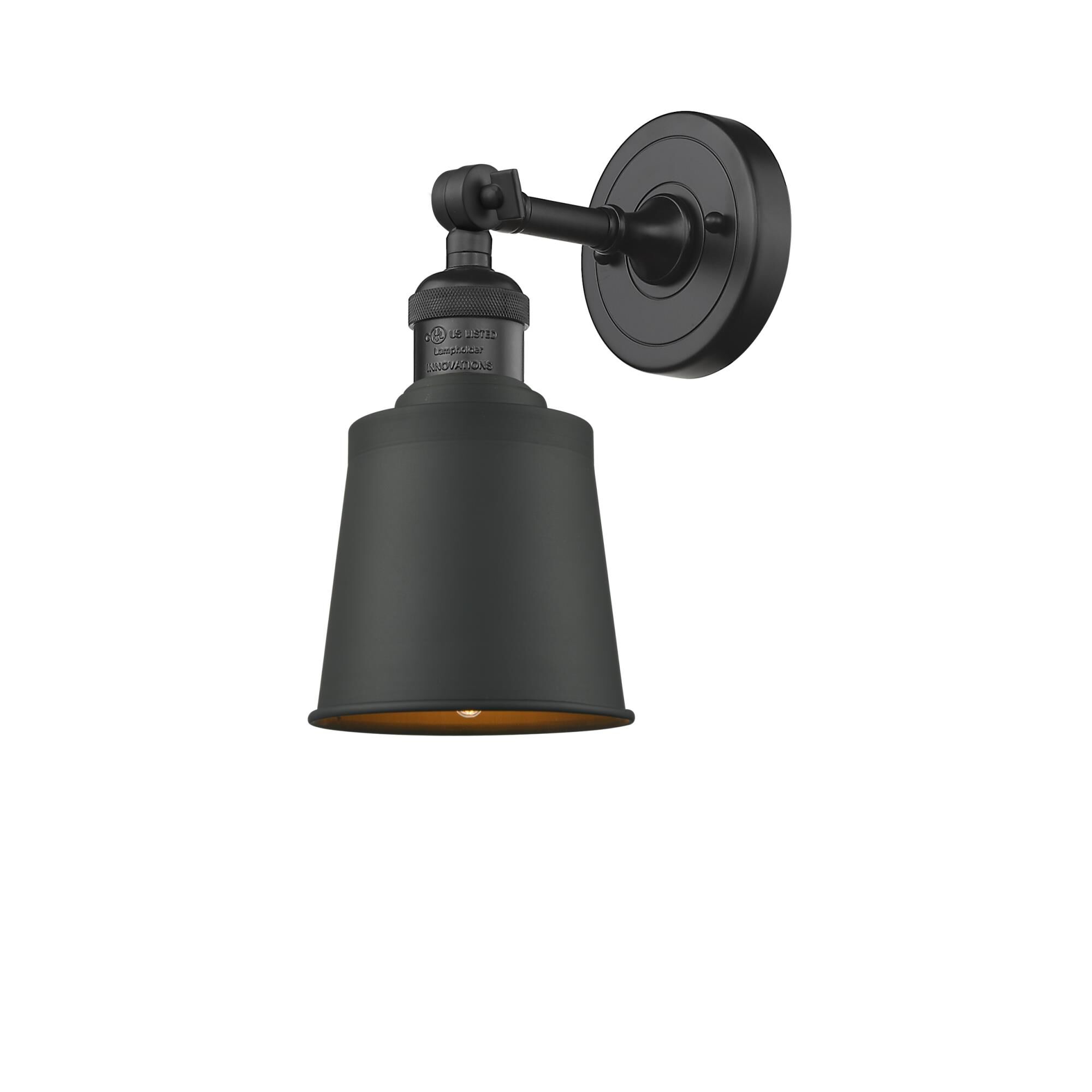 Shown in Matte Black finish and Brushed Brass shade