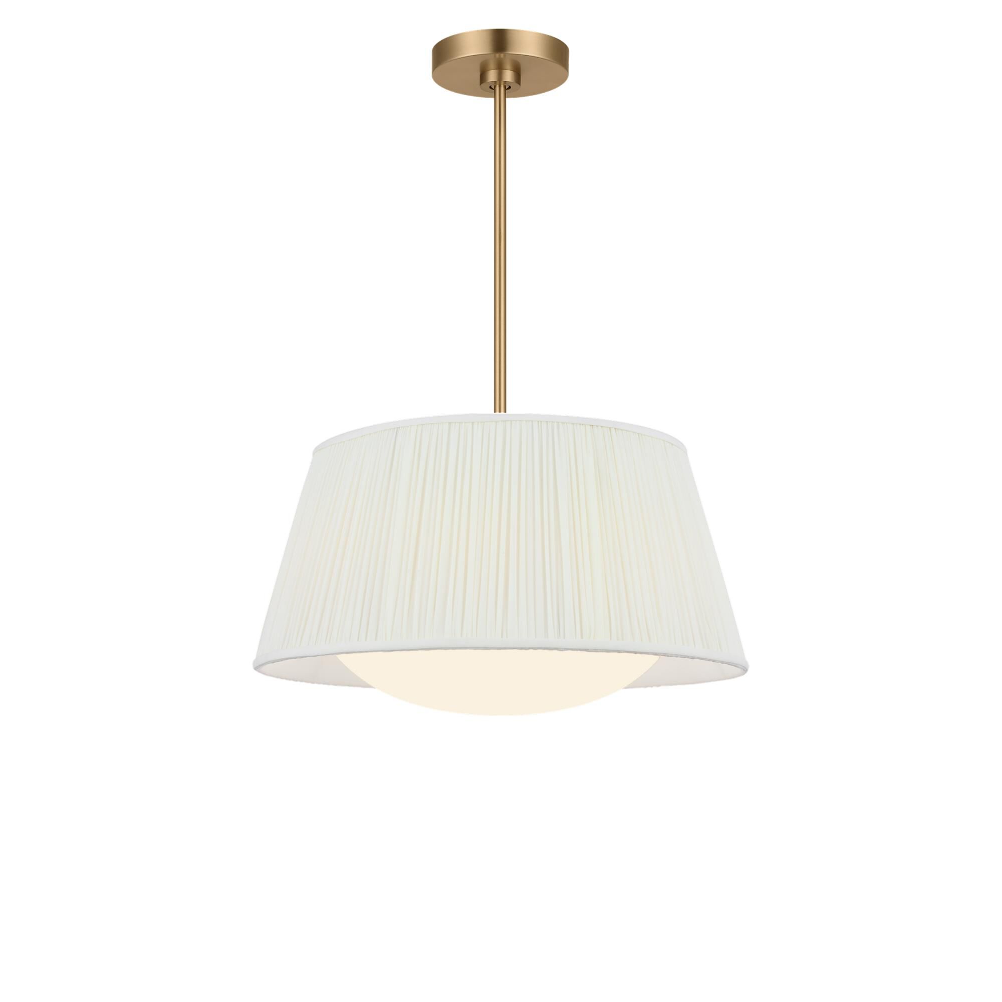 Shown in Satin Brass finish and Mushroom Pleat Fabric shade