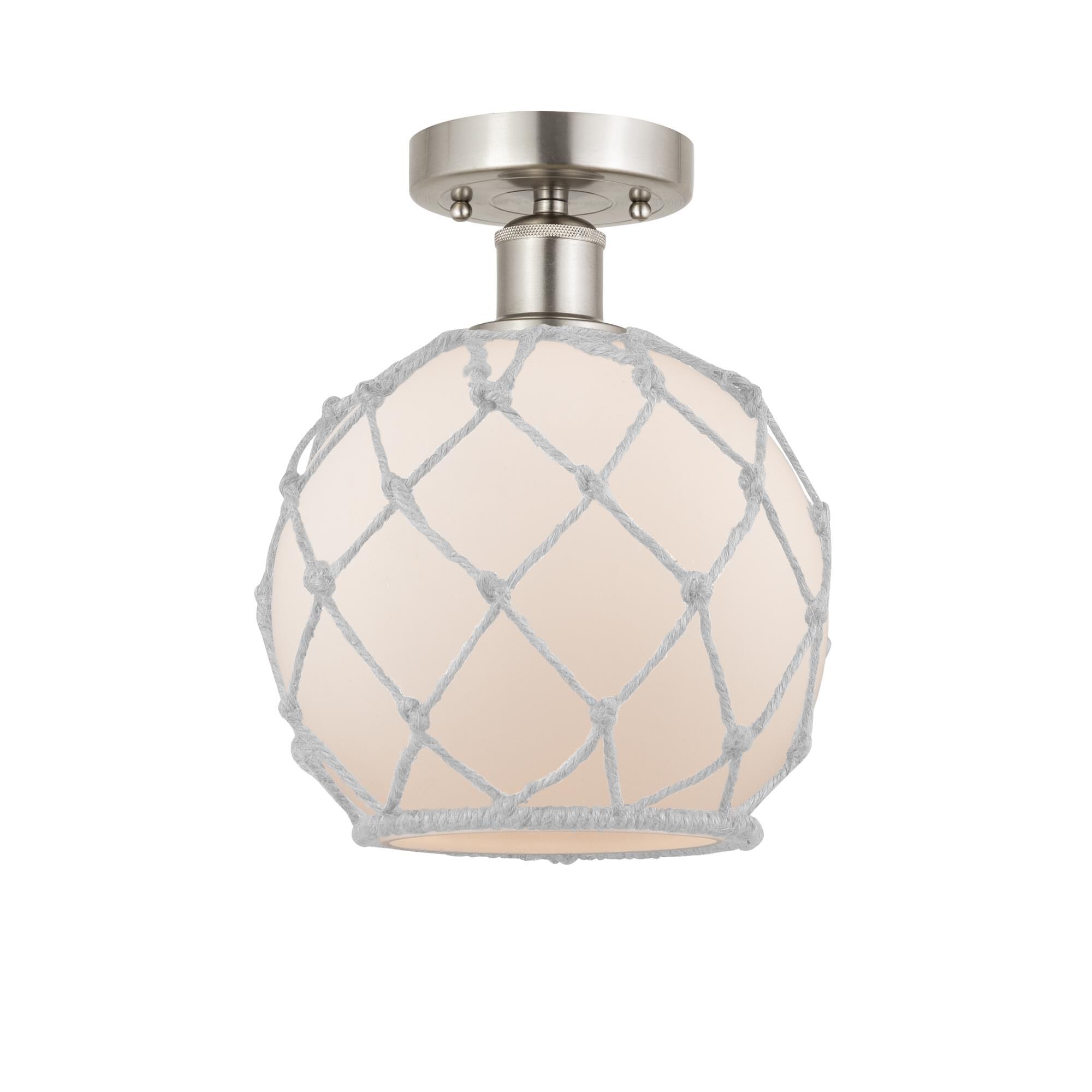 Shown in Brushed Satin Nickel, White Glass With White Rope finish and White glass and White Glass With White Rope Glass And Rope shade