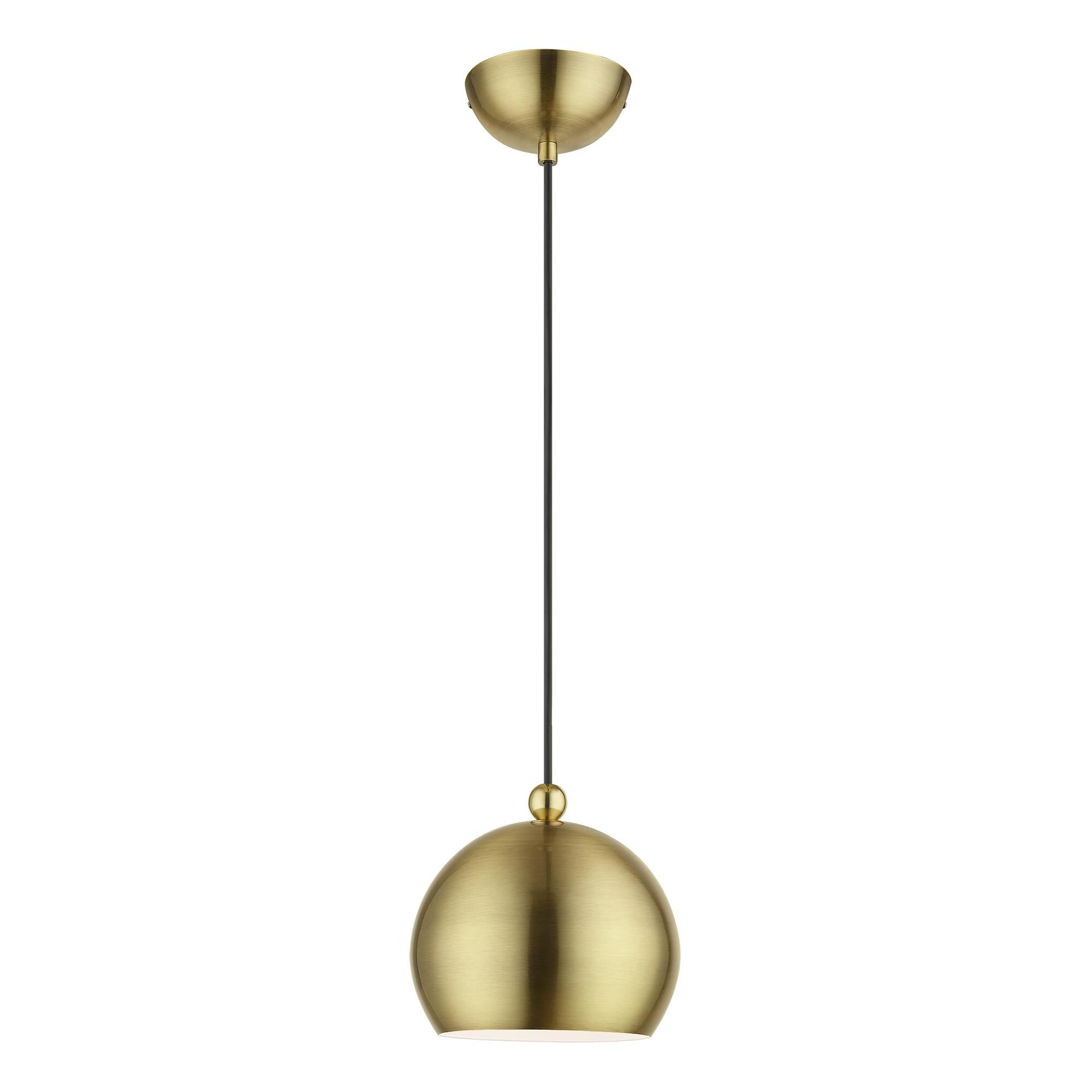 Shown in Antique Brass with Polished Brass Accents finish and Antique Brass Steel With Shiny White Inside shade