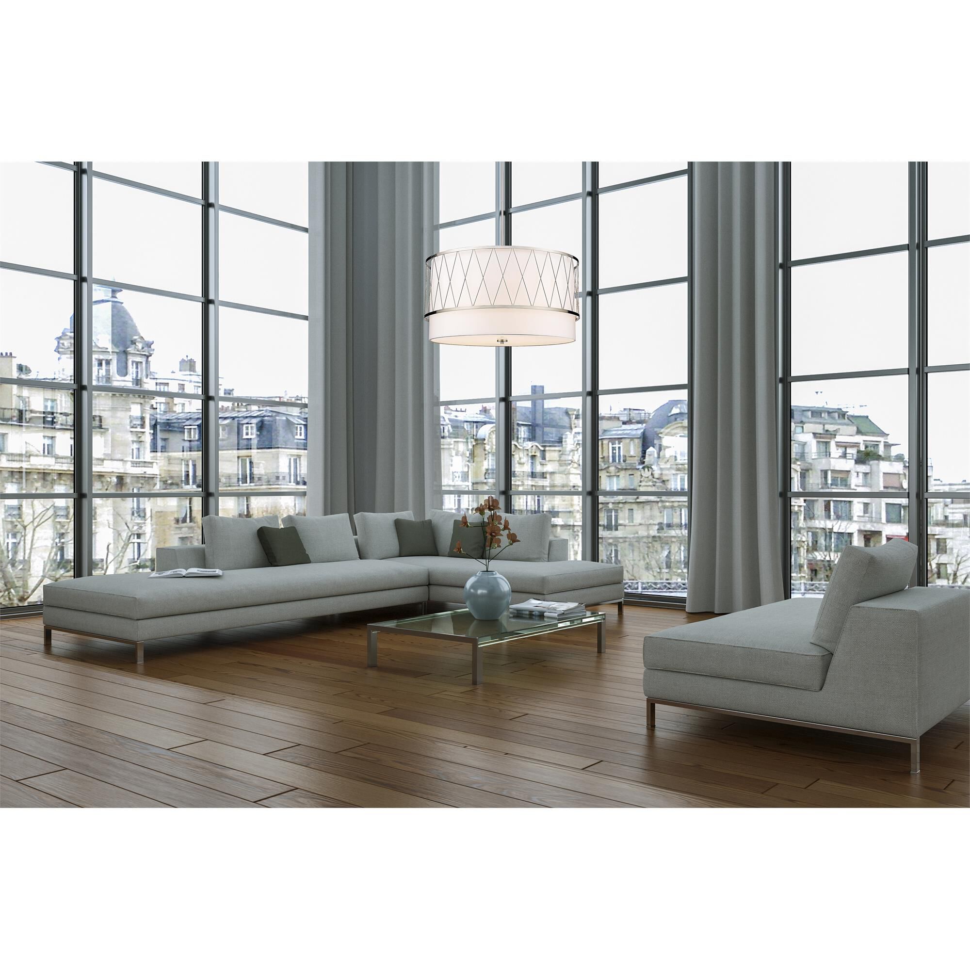 Shown in Brushed Nickel finish and White glass and White shade