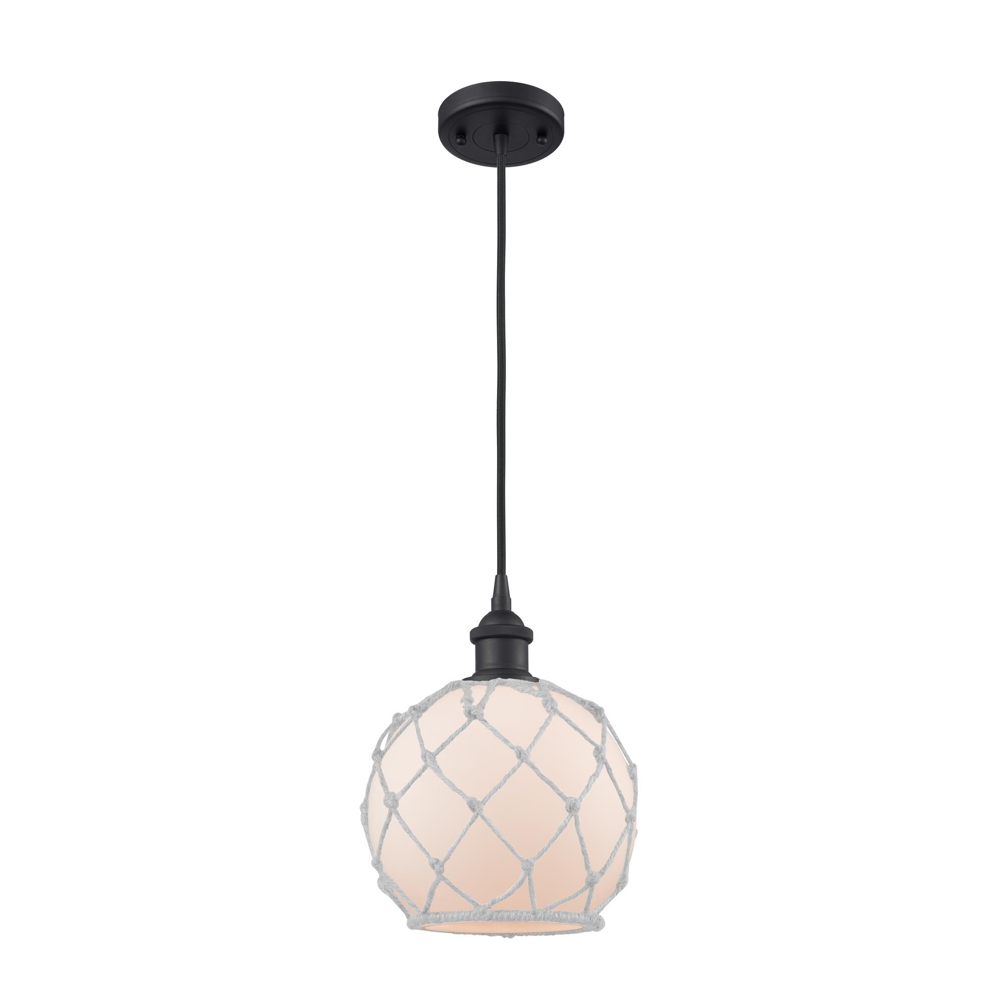 Shown in Matte Nickel finish and White With White Rope glass