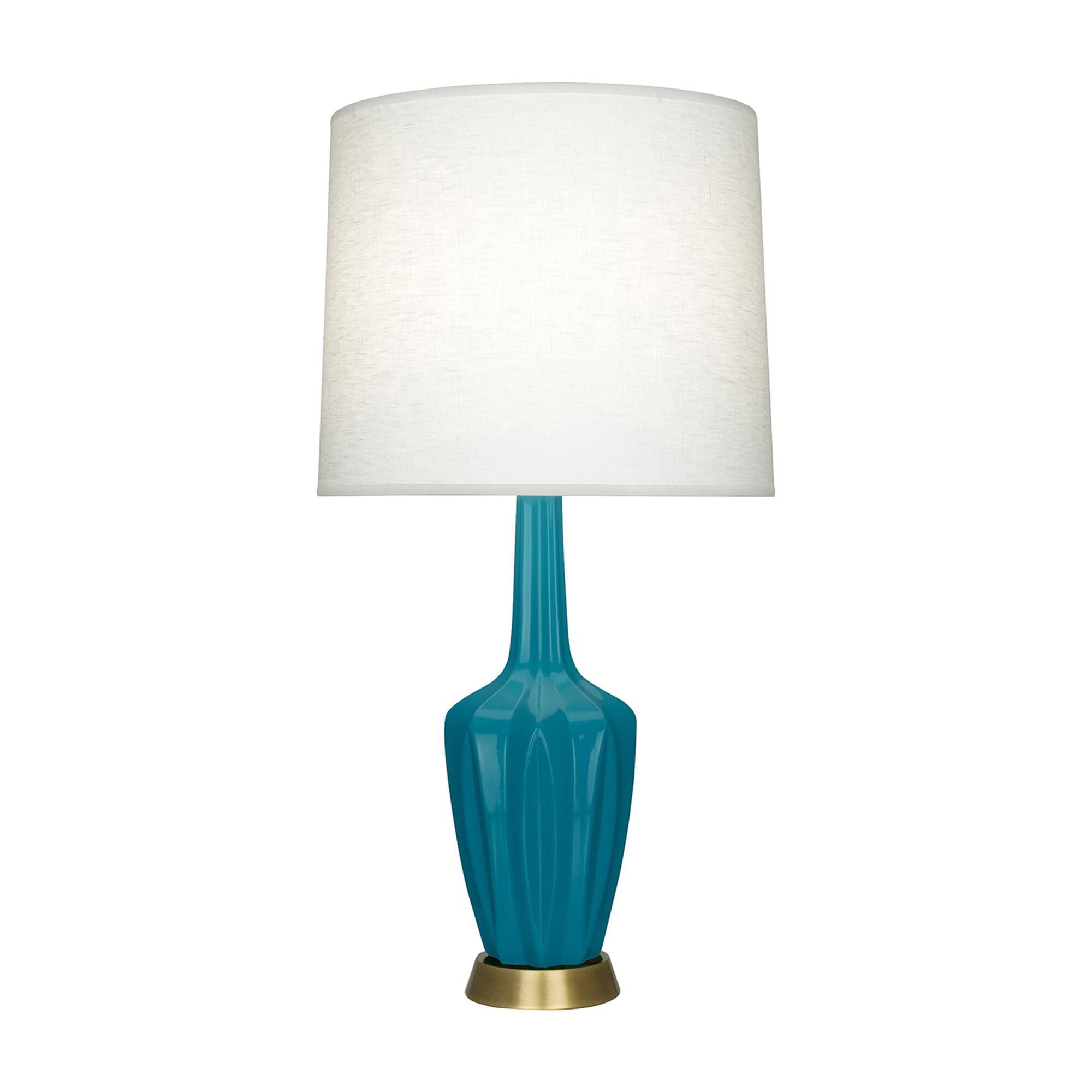 Shown in Peacock finish and Off White shade and Warm Brass accent