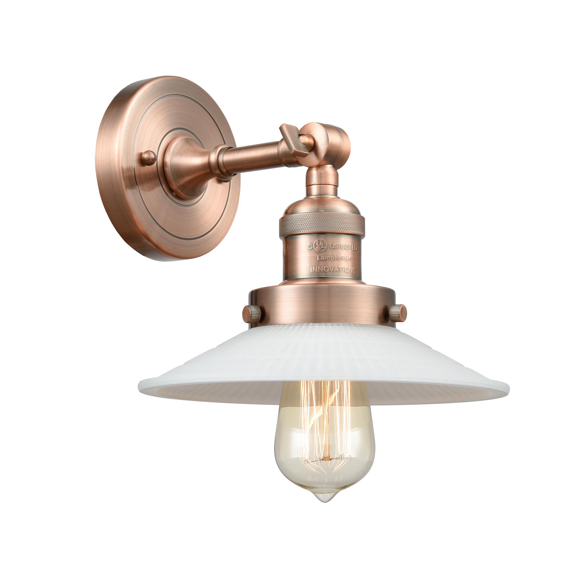 Shown in Antique Copper finish and Matte White Halophane - Cone glass