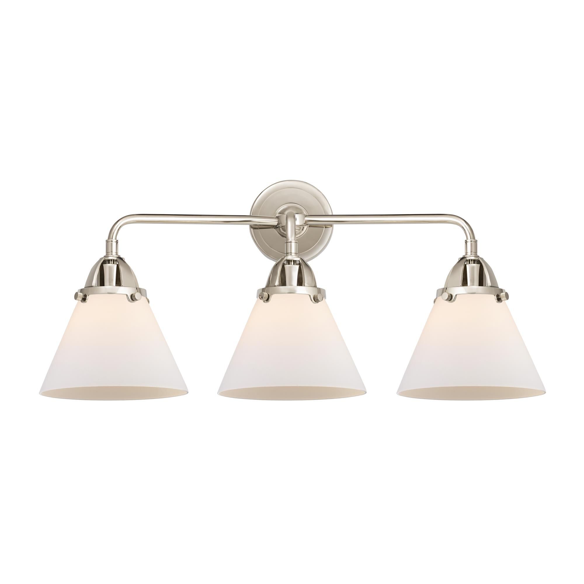 Shown in Polished Nickel finish and Matte White Cased Large Cone glass and No Shade shade