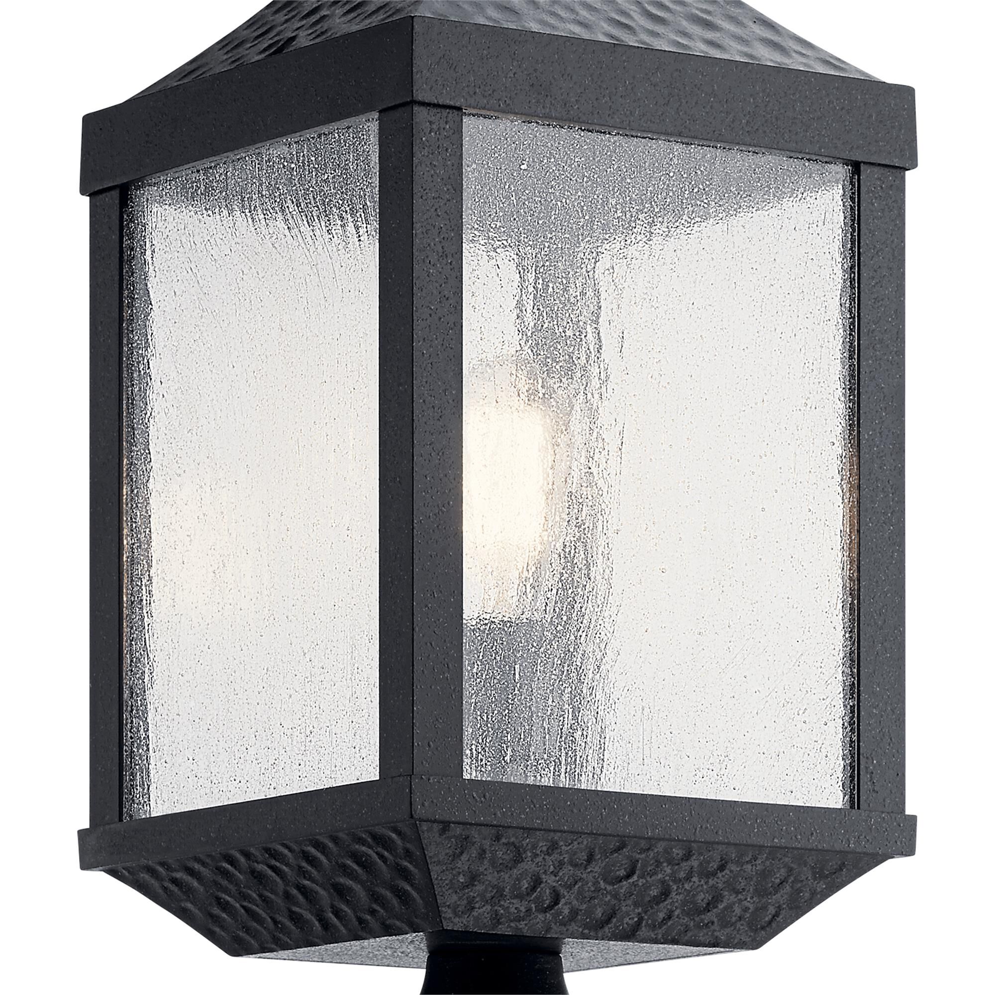 Shown in Distressed Black finish and Clear Seeded glass