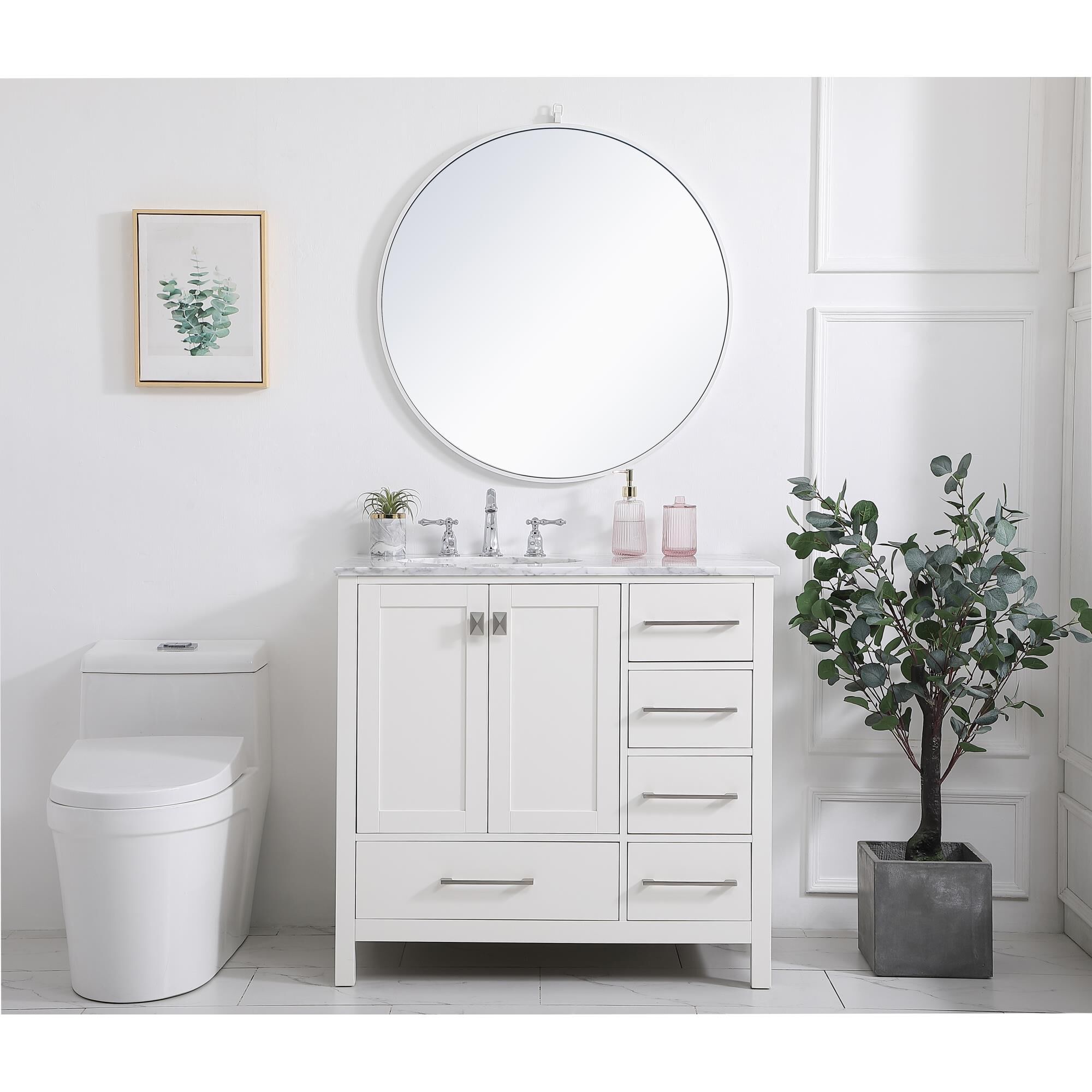 Shown in White And Brushed Nickel With Carrara White Marble finish