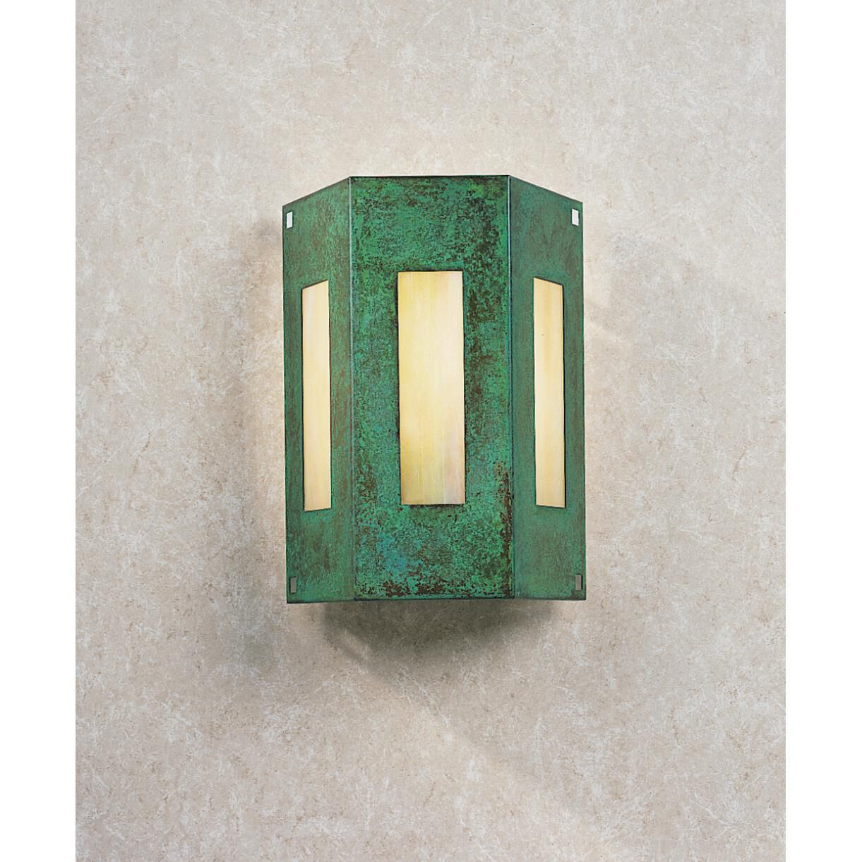 Shown in Verdigris Patina finish and Gold White Iridescent glass