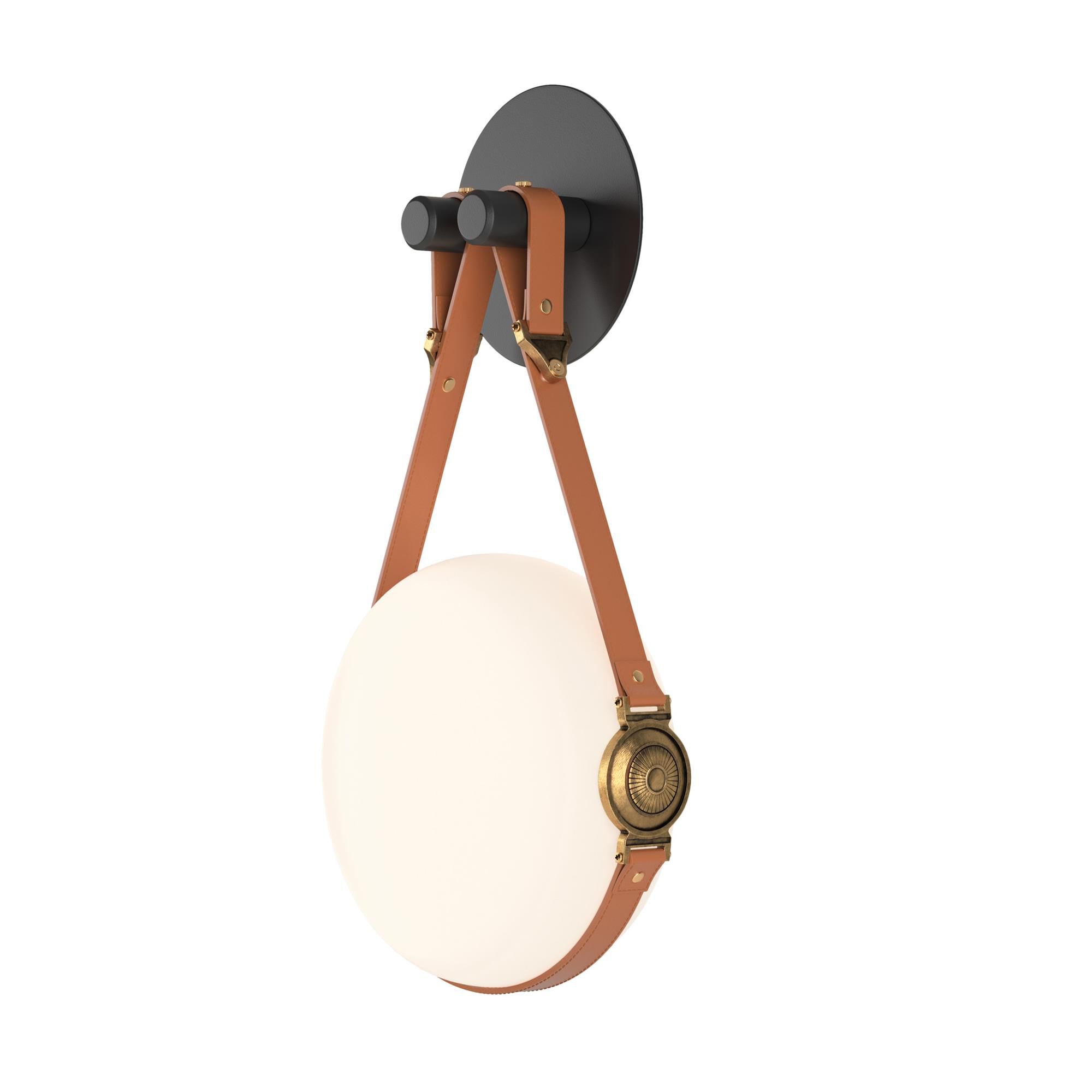 Shown in Black with Antique Brass finish and Opal glass and Leather Chestnut With Plain Disk accent