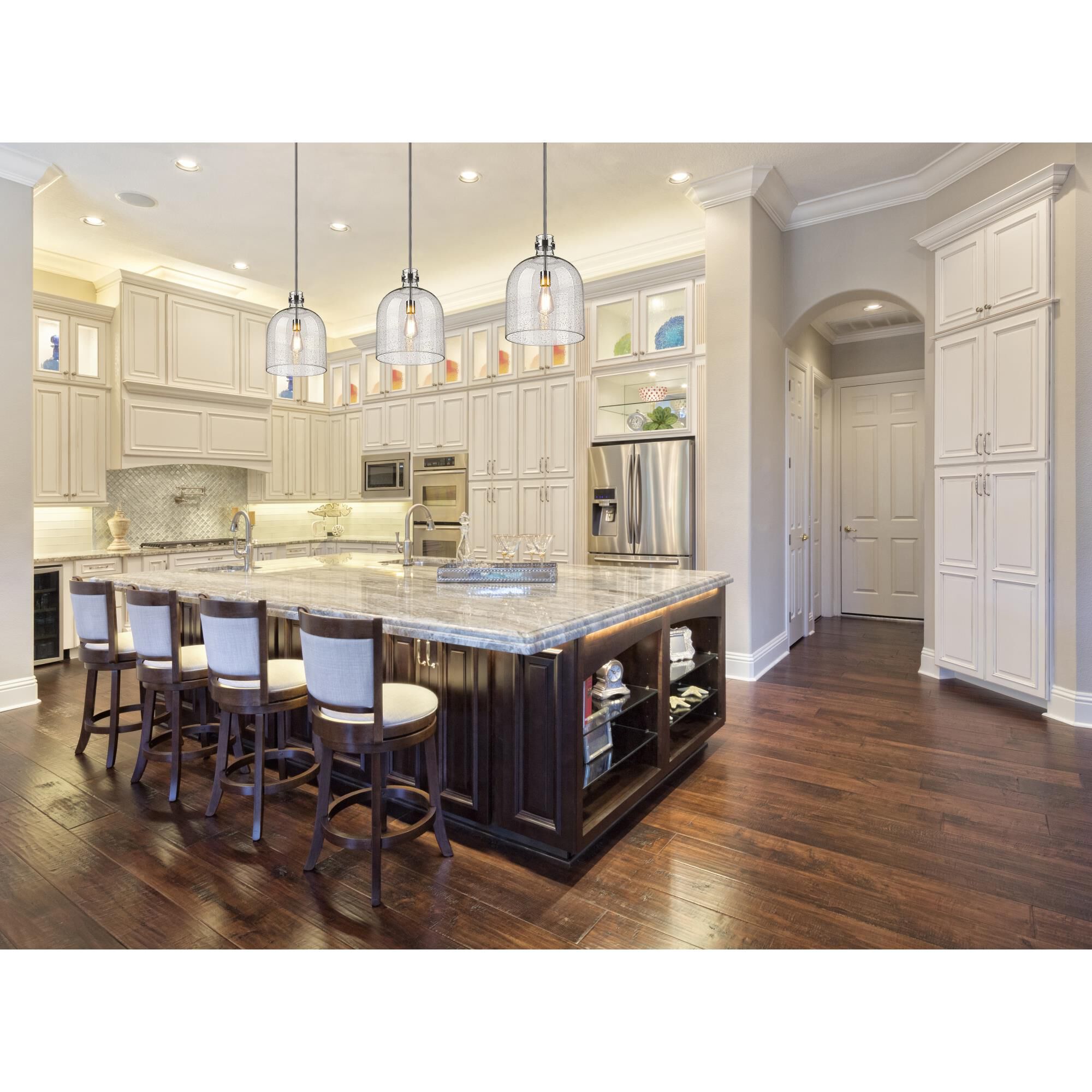 Shown in Brushed Nickel finish and Clear Seedy glass and No Shade shade