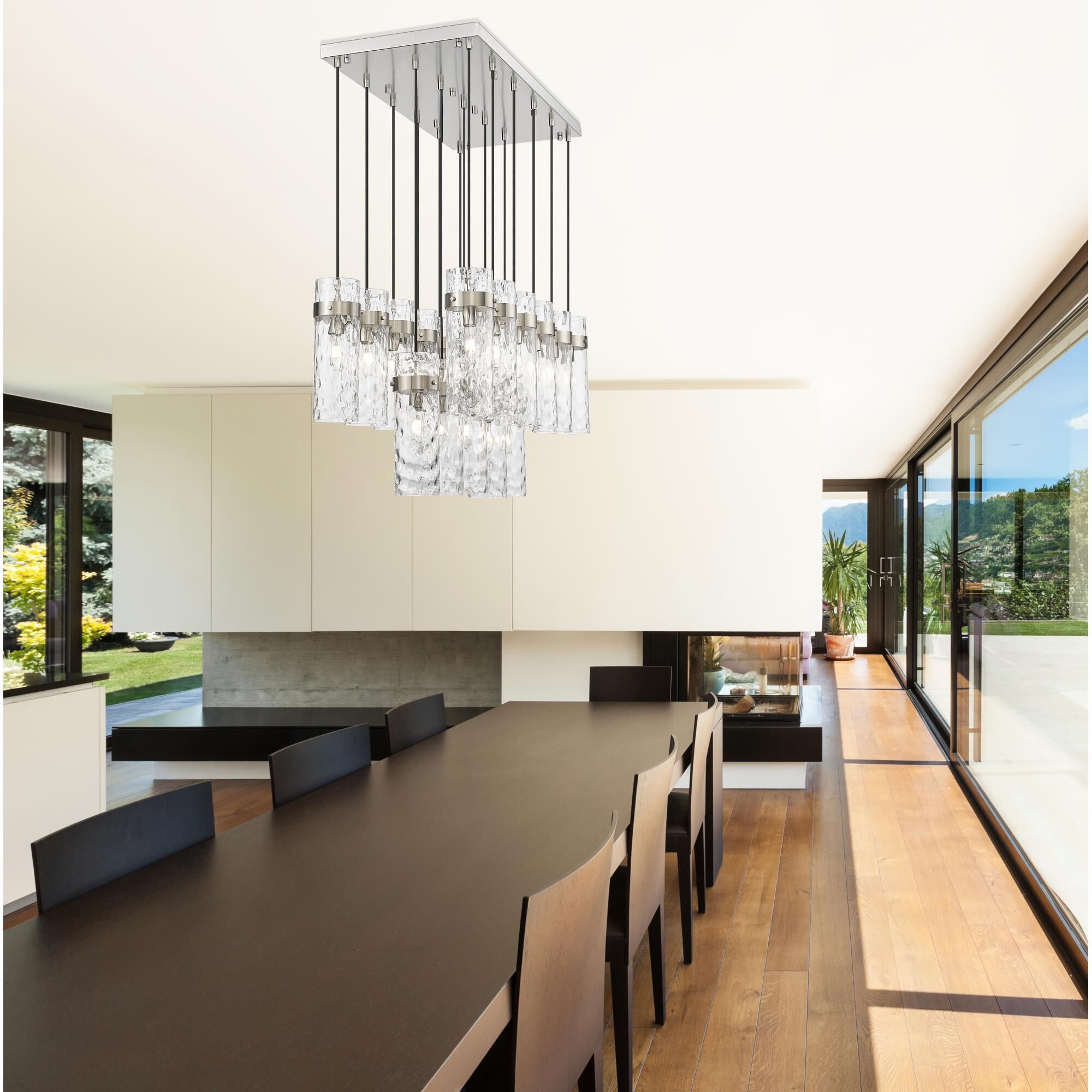 Shown in Brushed Nickel finish and Clear Water glass and Clear Water shade