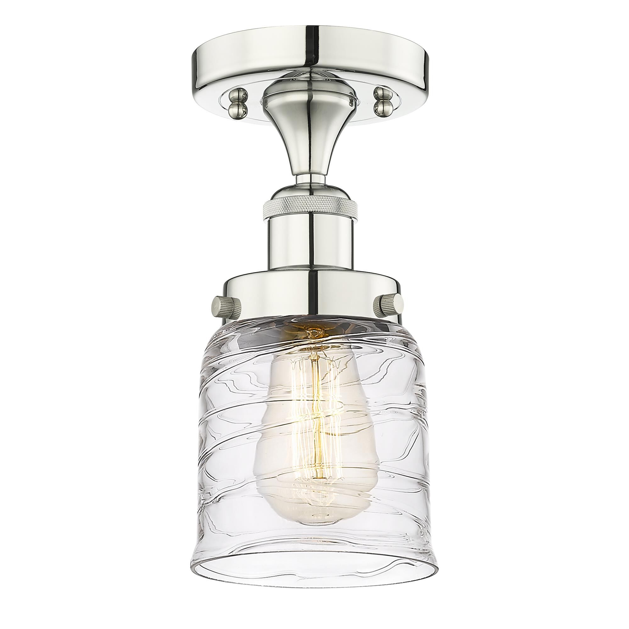Shown in Polished Nickel finish and Clear Deco Swirl glass