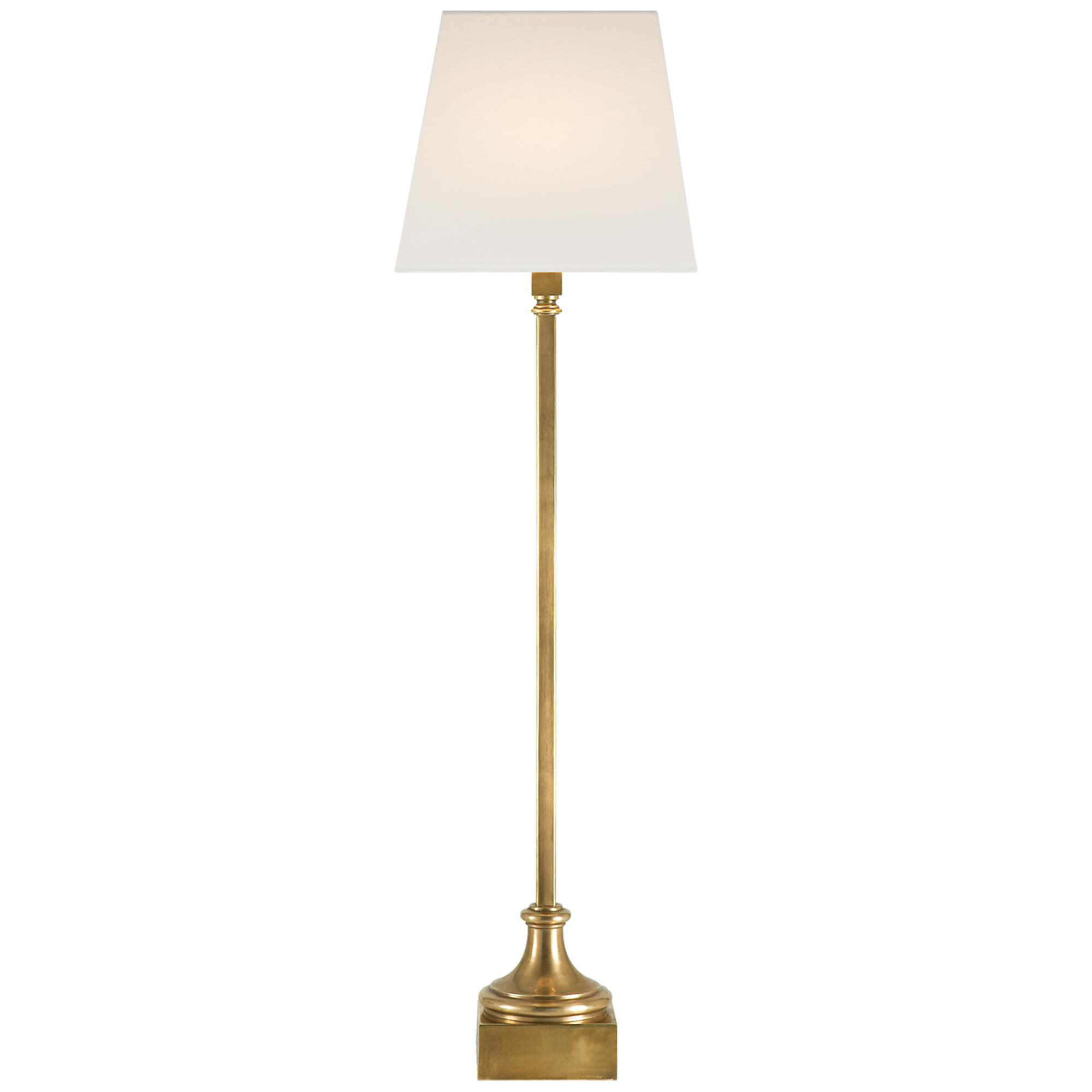 Shown in Antique-Burnished Brass finish and Linen shade