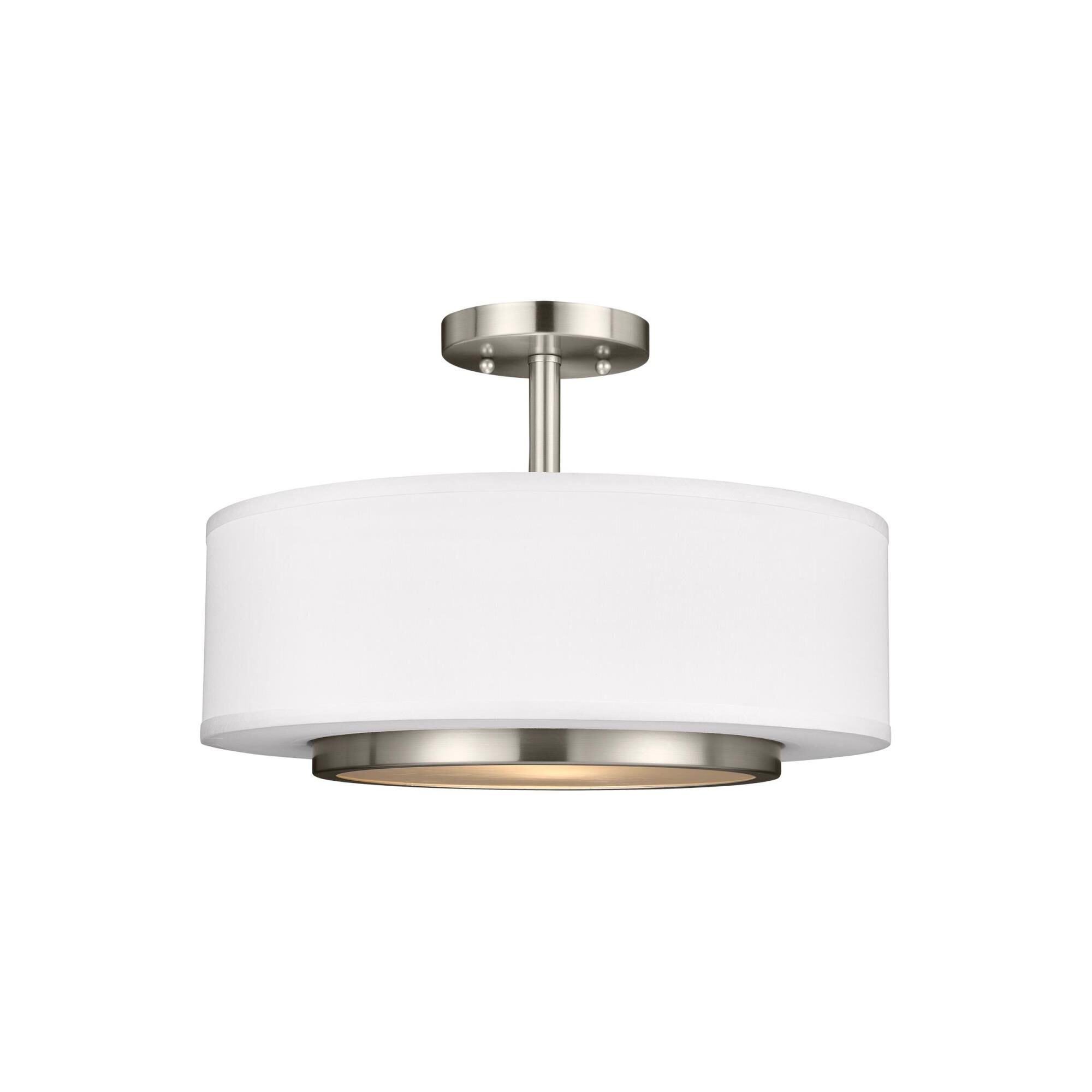 Shown in Brushed Nickel finish and Satin Etched  Diffuser And Off-White Faux Silk Fabric Shade glass and Satin Etched Glass Diffuser And Off-White Faux Silk Fabric shade