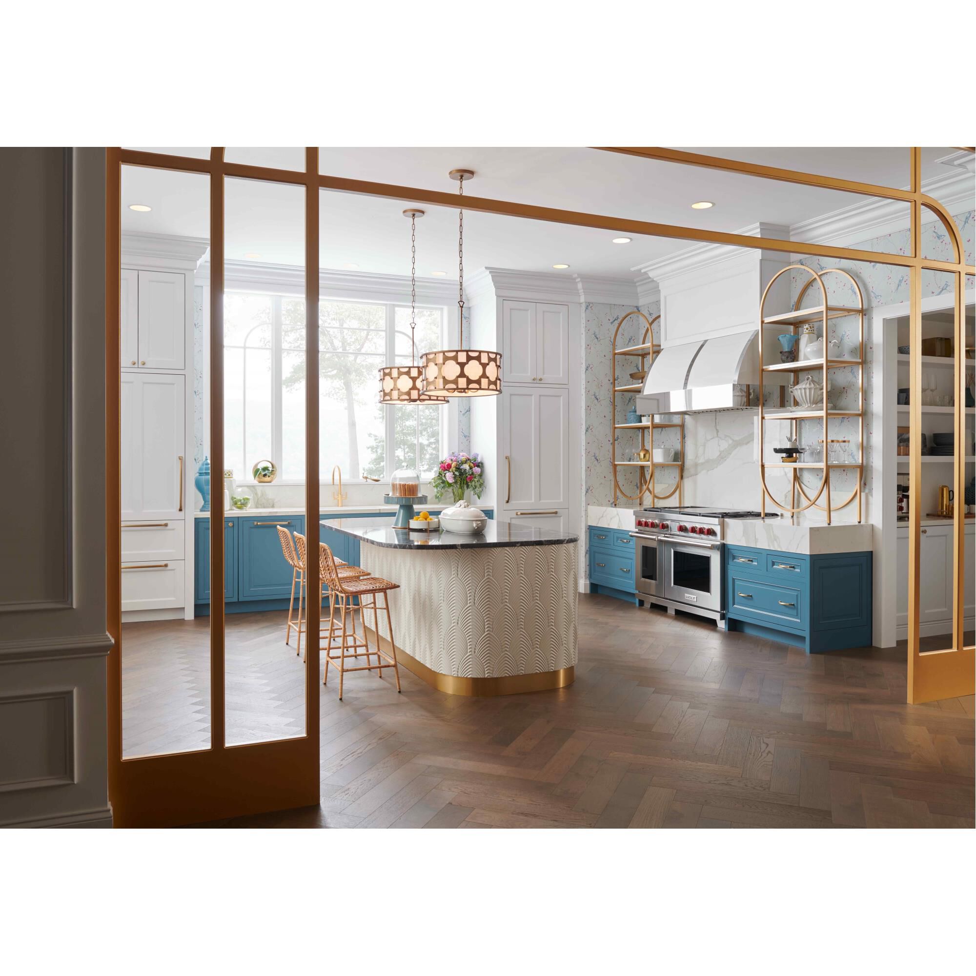 Shown in Burnished Gold finish and Off-White Textured shade