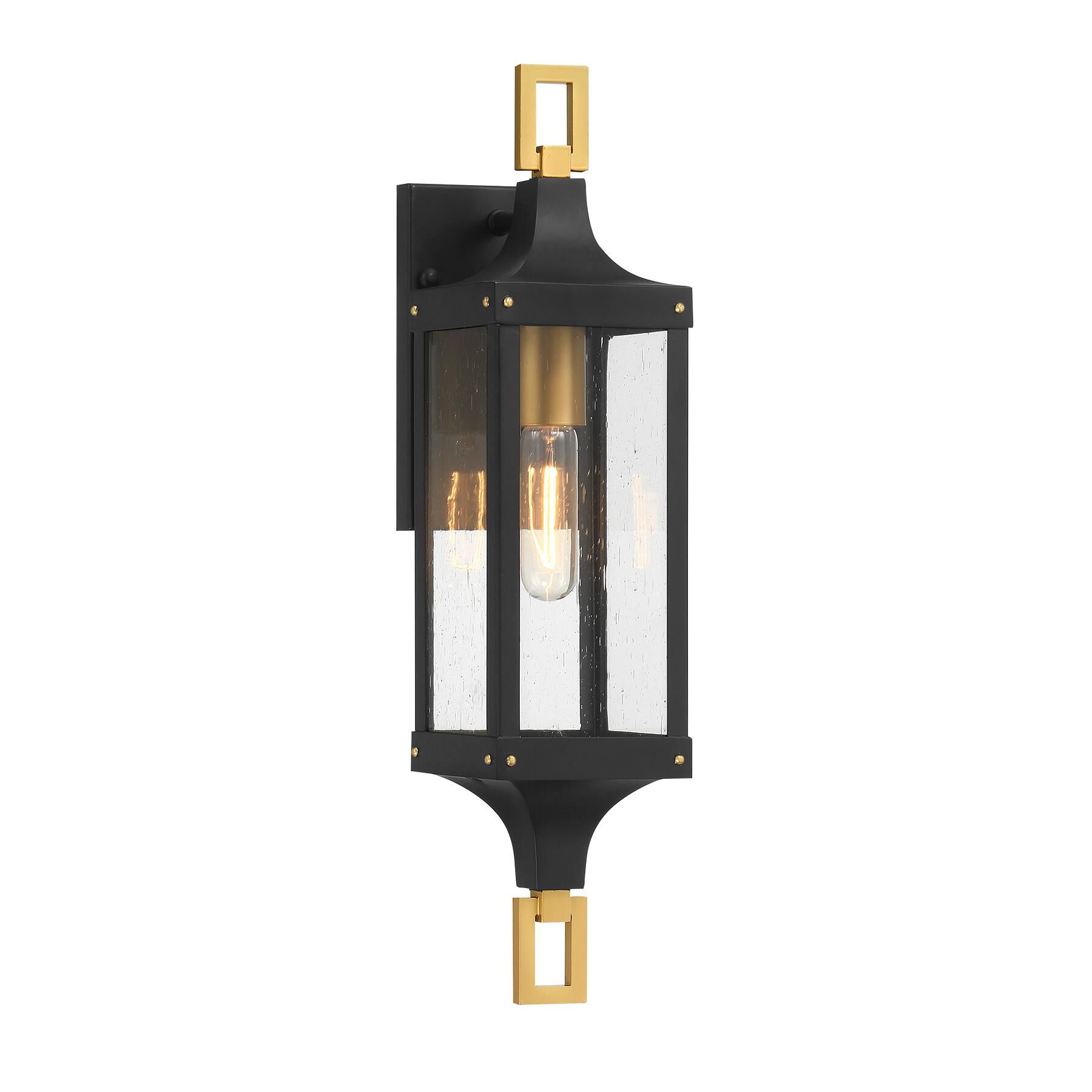 Shown in Matte Black And Weathered Brushed Brass finish and Clear Seeded glass