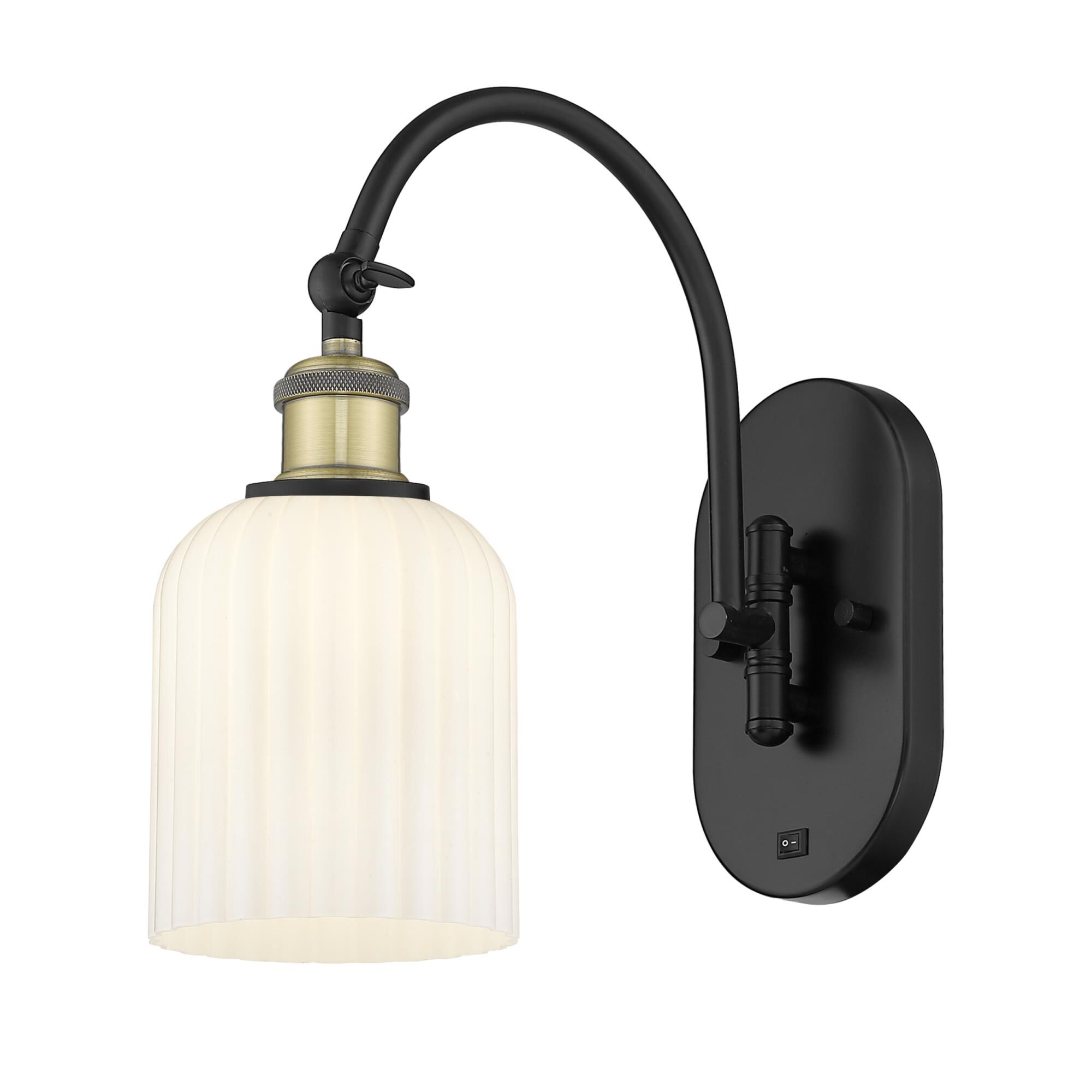 Shown in Black Antique Brass finish and Gloss White shade