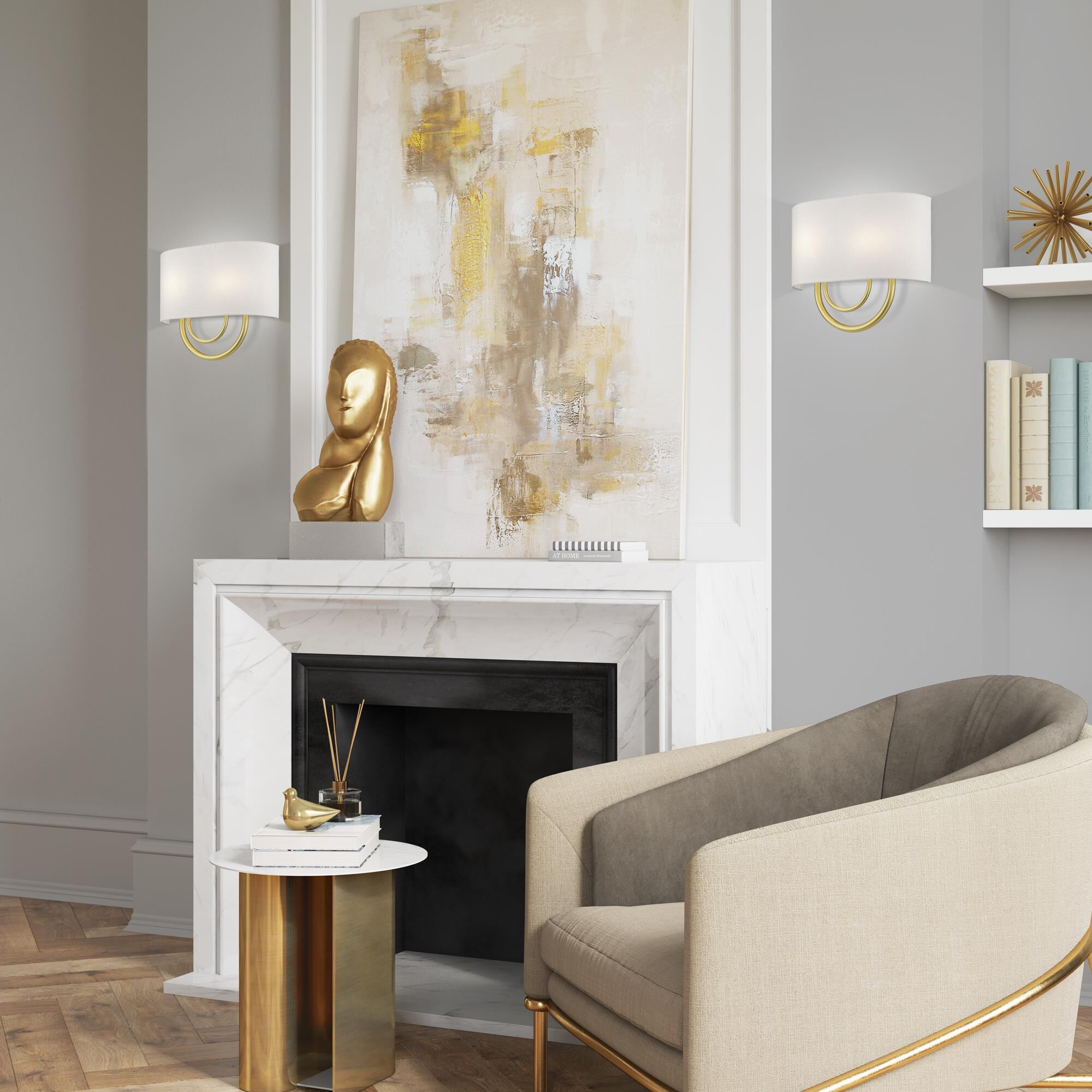 Shown in Soft Gold finish and Hand Crafted Off-White Fabric Hardback with White Fabric Inside shade