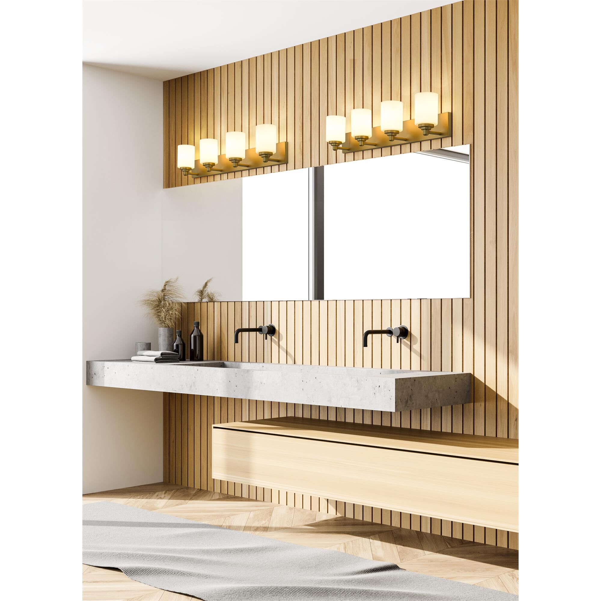 Shown in Brushed Gold finish and White glass