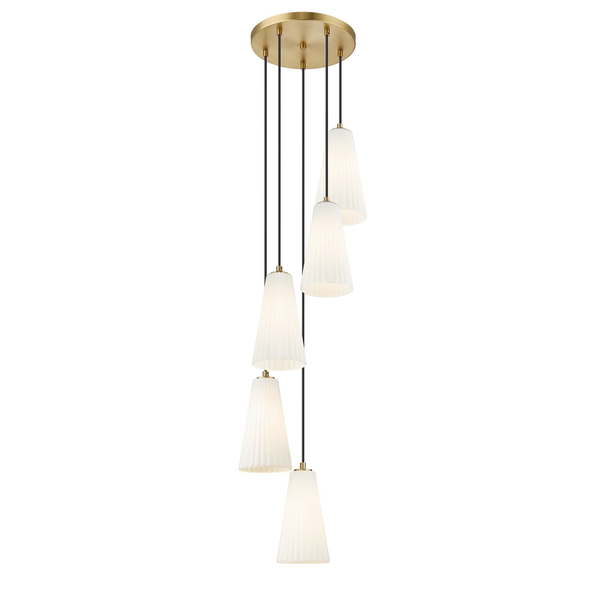 Shown in Modern Gold finish and White glass and White shade