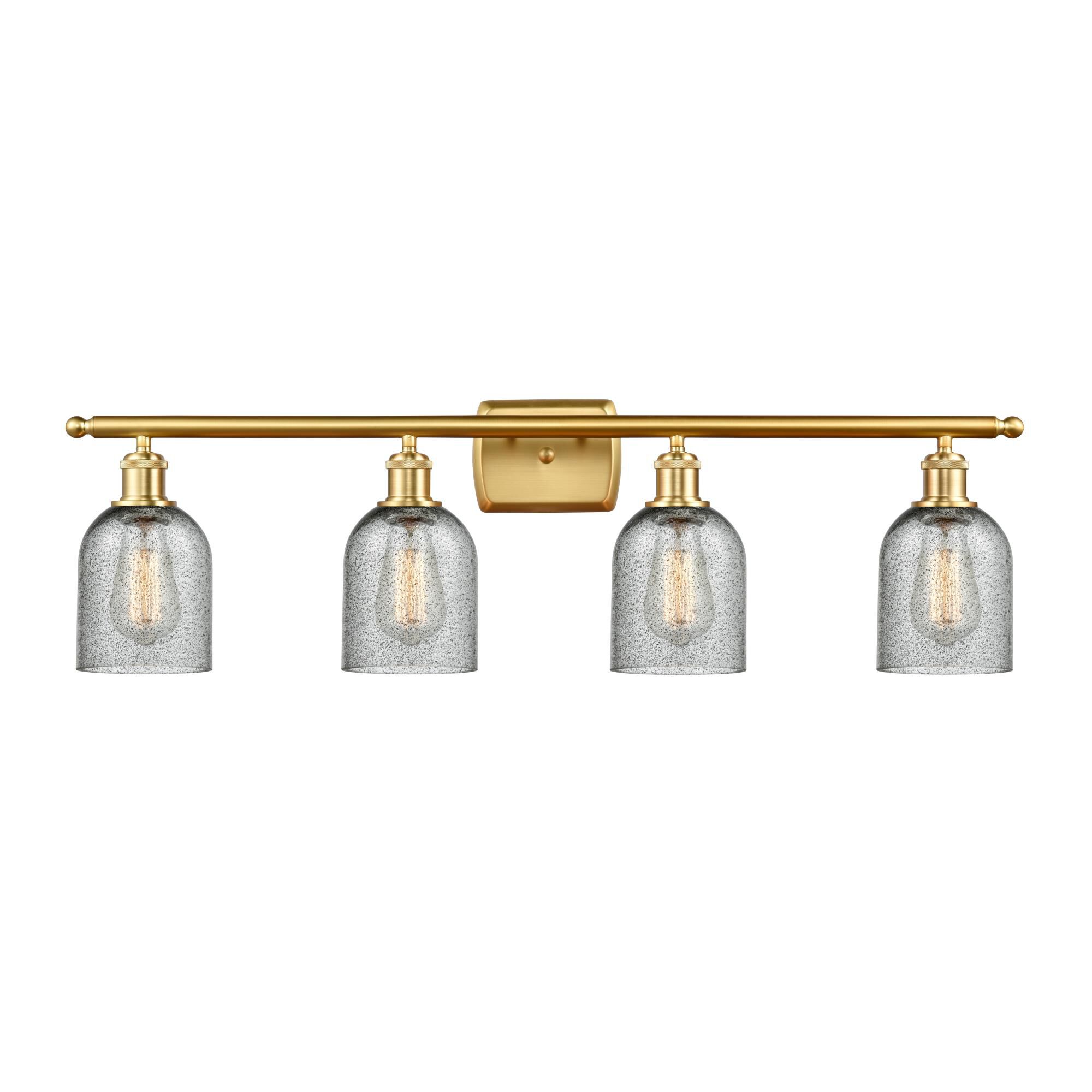 Shown in Satin Gold finish and Charcoal Caledonia glass and Polished Chrome accent