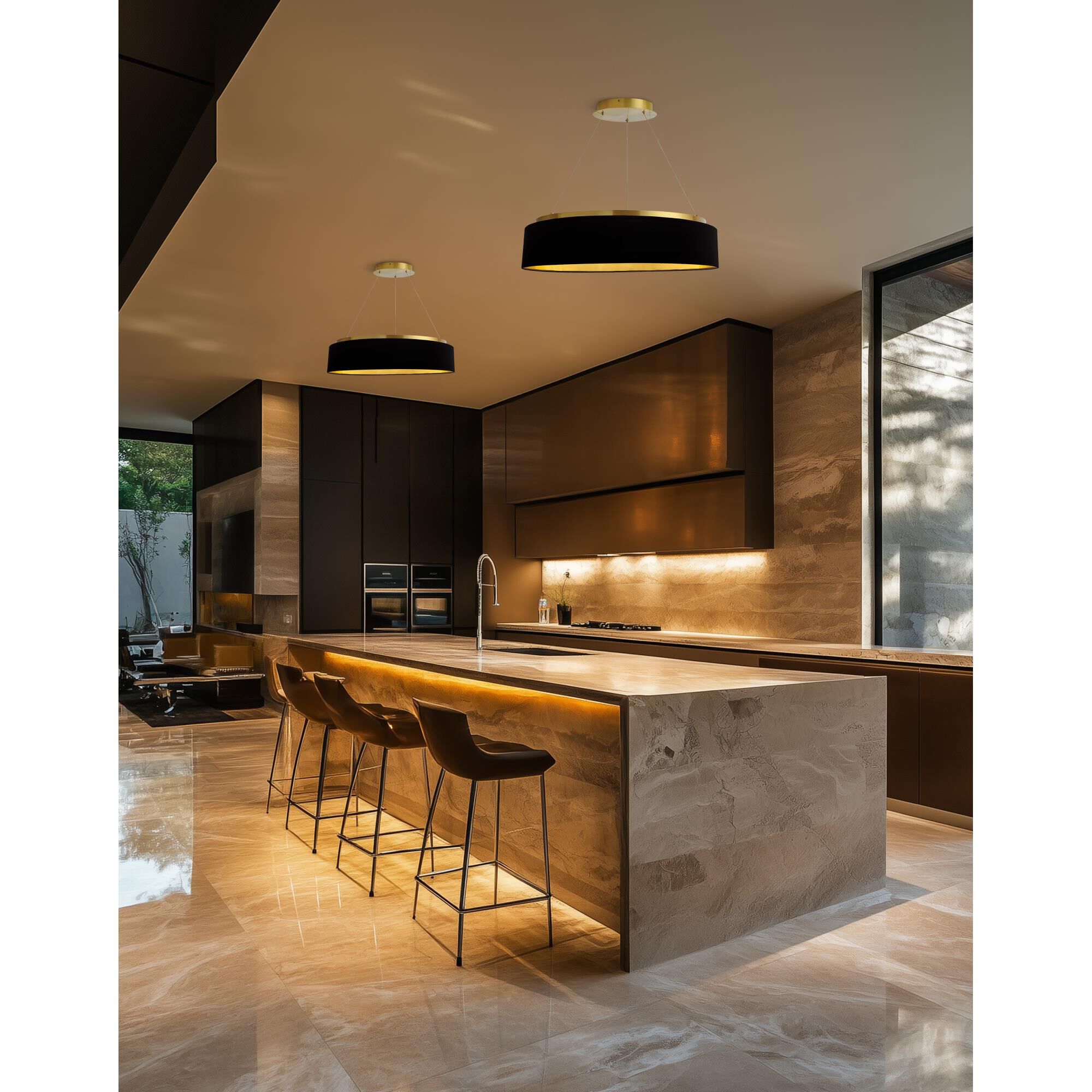 Shown in Black and Aged Brass finish and Black Fabric Drum shade