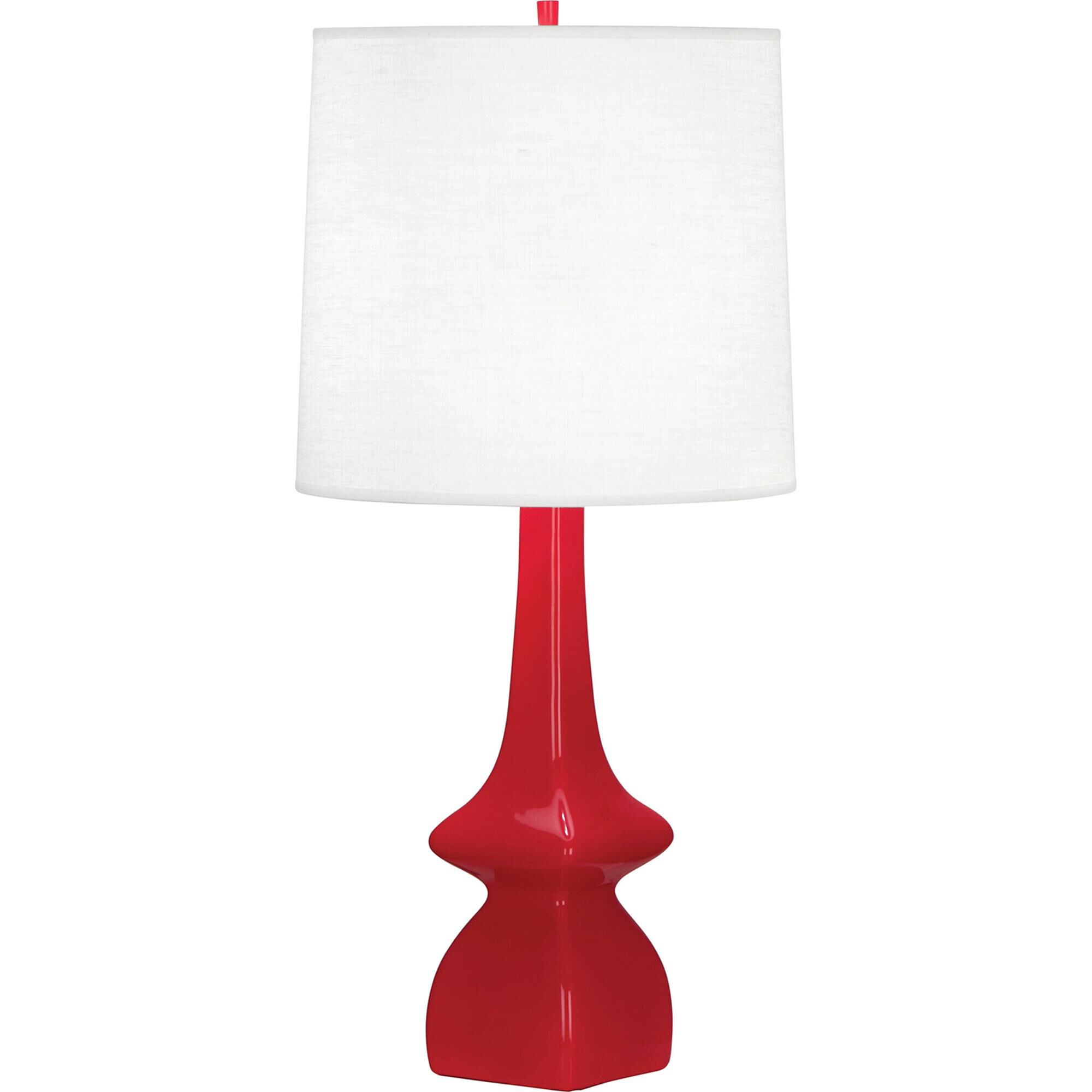 Shown in Ruby Red Glazed Ceramic finish and Oyster Linen shade