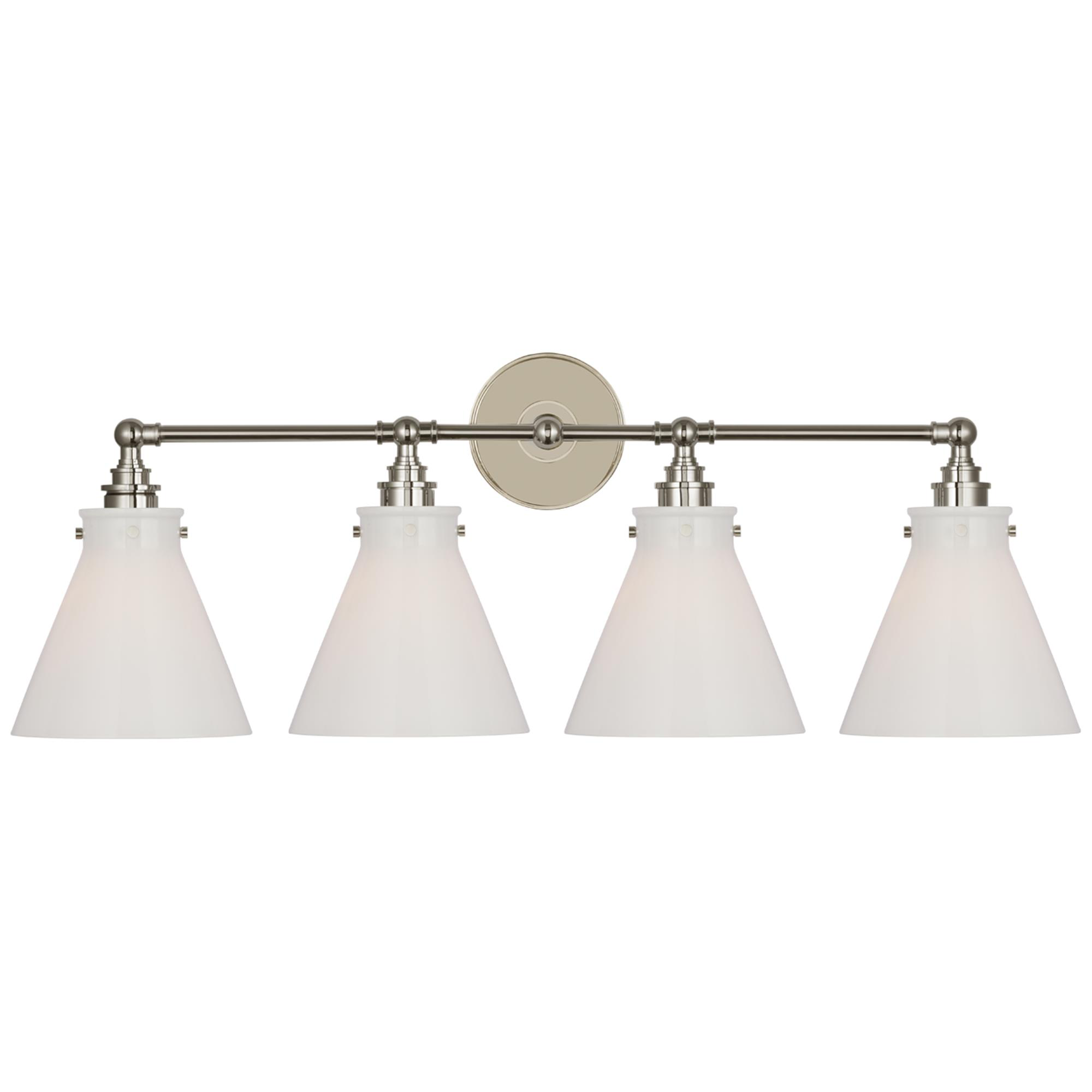Shown in Polished Nickel finish and White glass