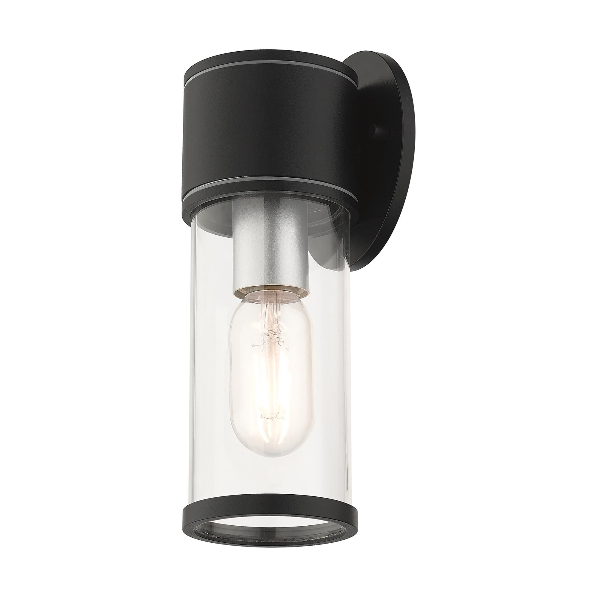 Shown in Textured Black With Antique Silver Accents finish and Clear glass