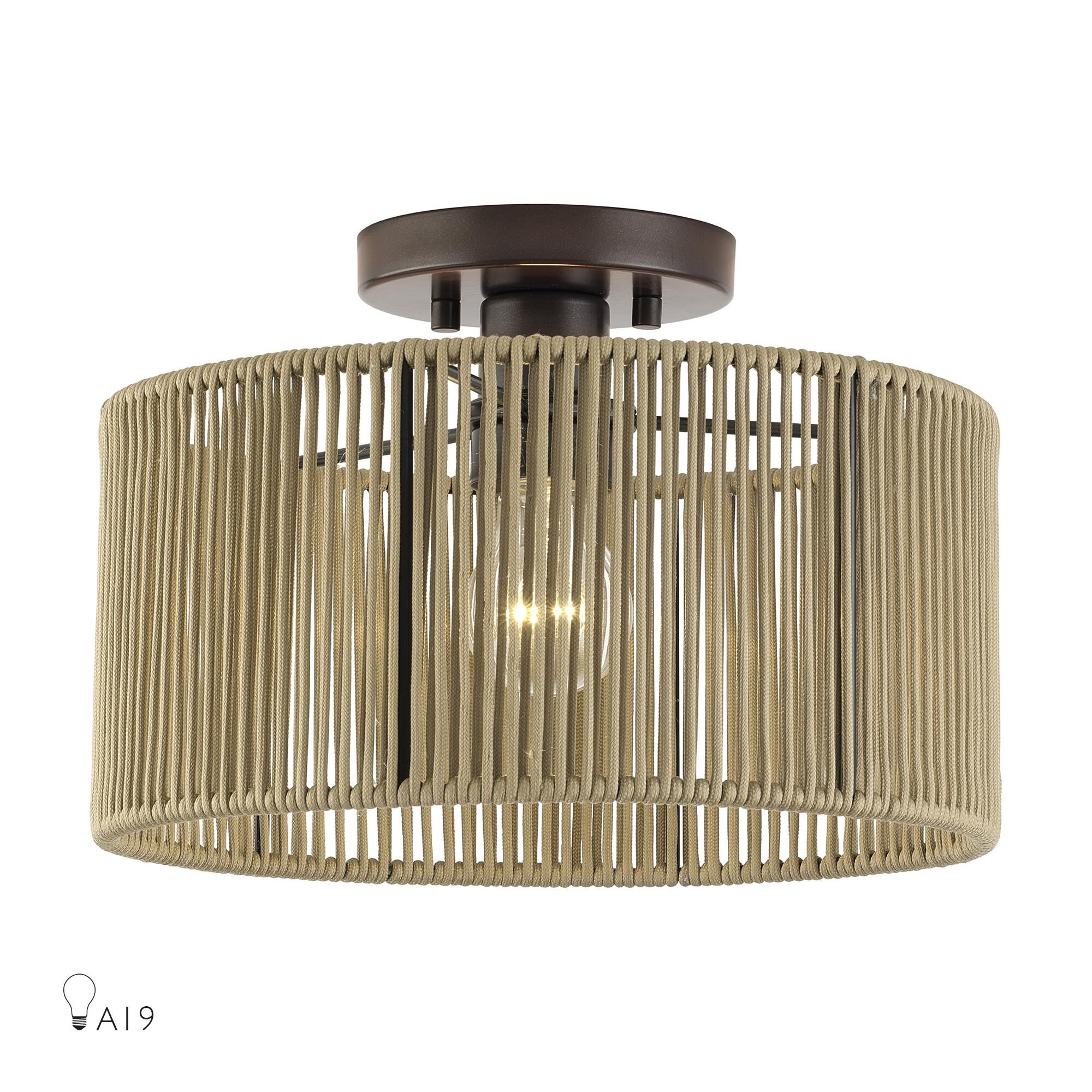 Shown in English Bronze finish and Hand-Woven Venetian Gold Color Polyester Rope shade