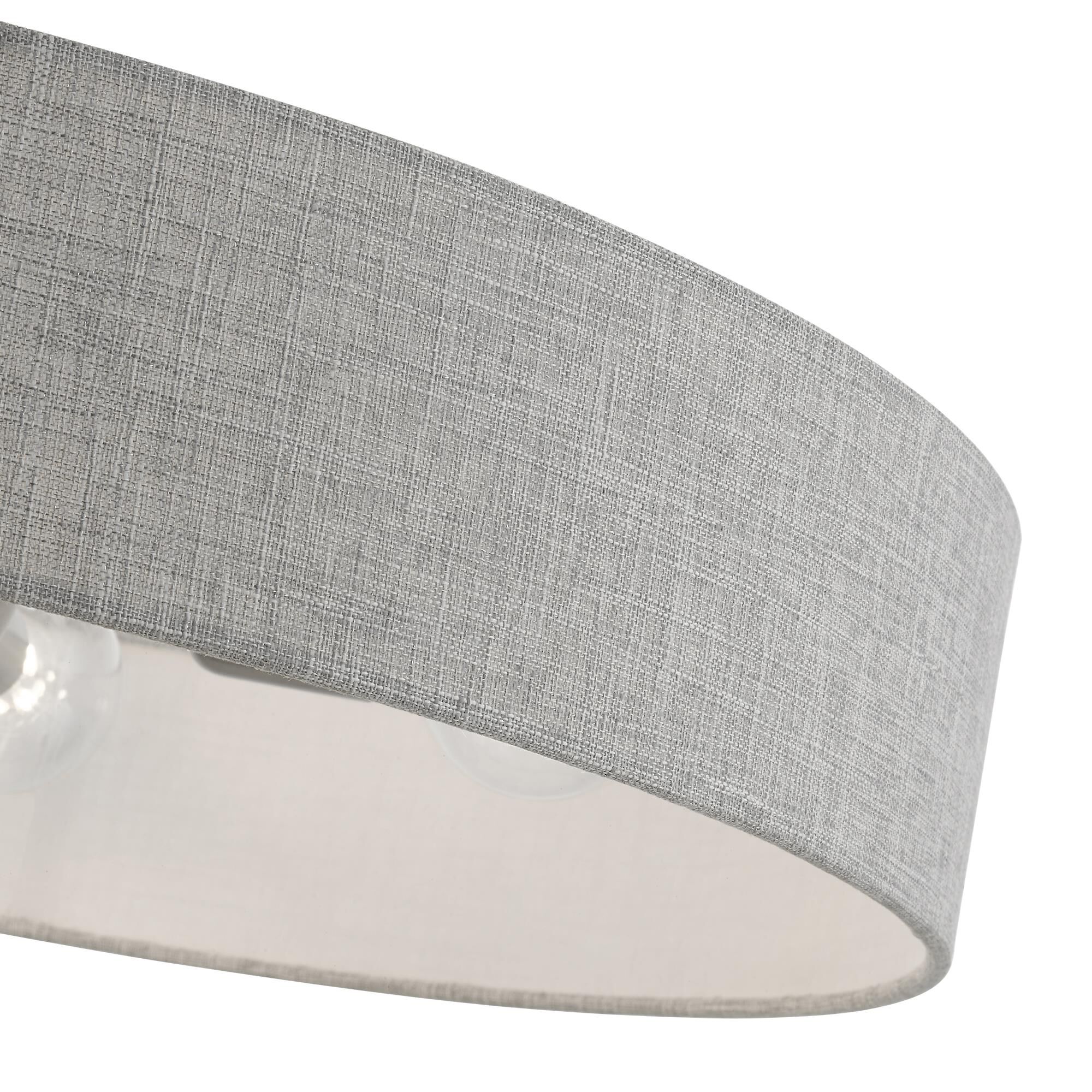 Shown in Brushed Nickel with Shiny White Accents finish and Hand Crafted Urban Gray Hardback Fabric With White Inside shade