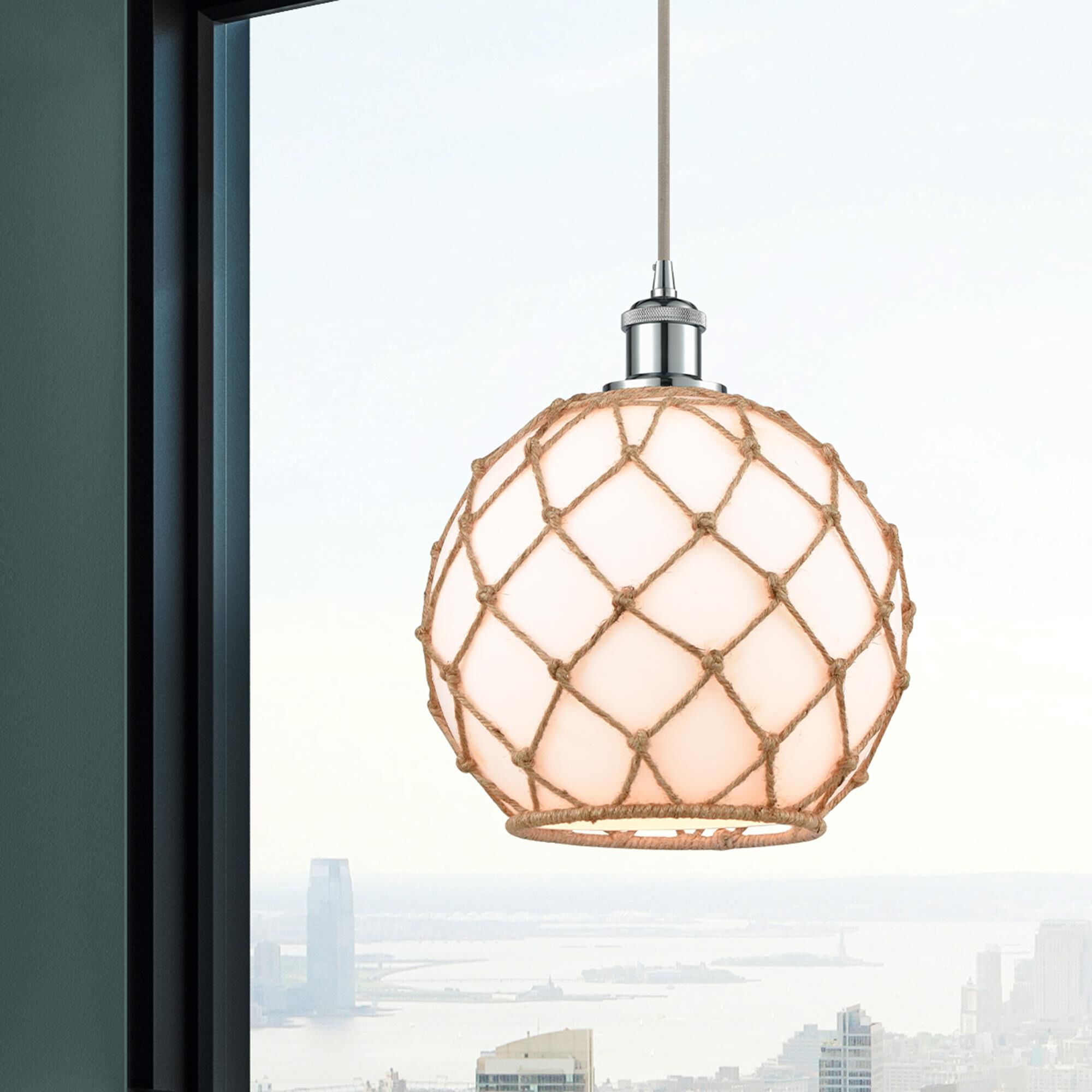 Shown in Polished Chrome finish and White With Black Rope glass