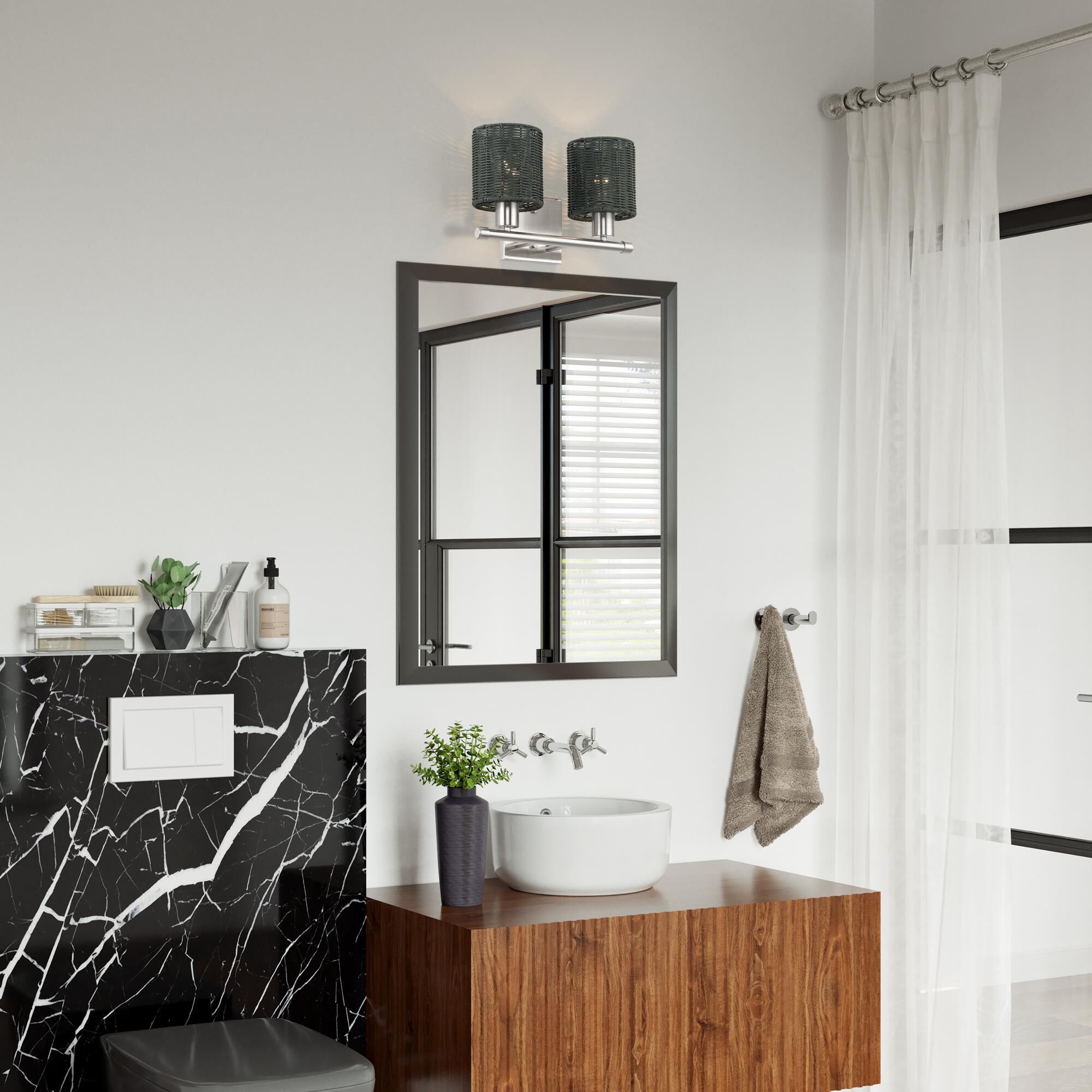 Shown in Brushed Nickel finish and Hand-Woven Charred Gray Color Rattan shade