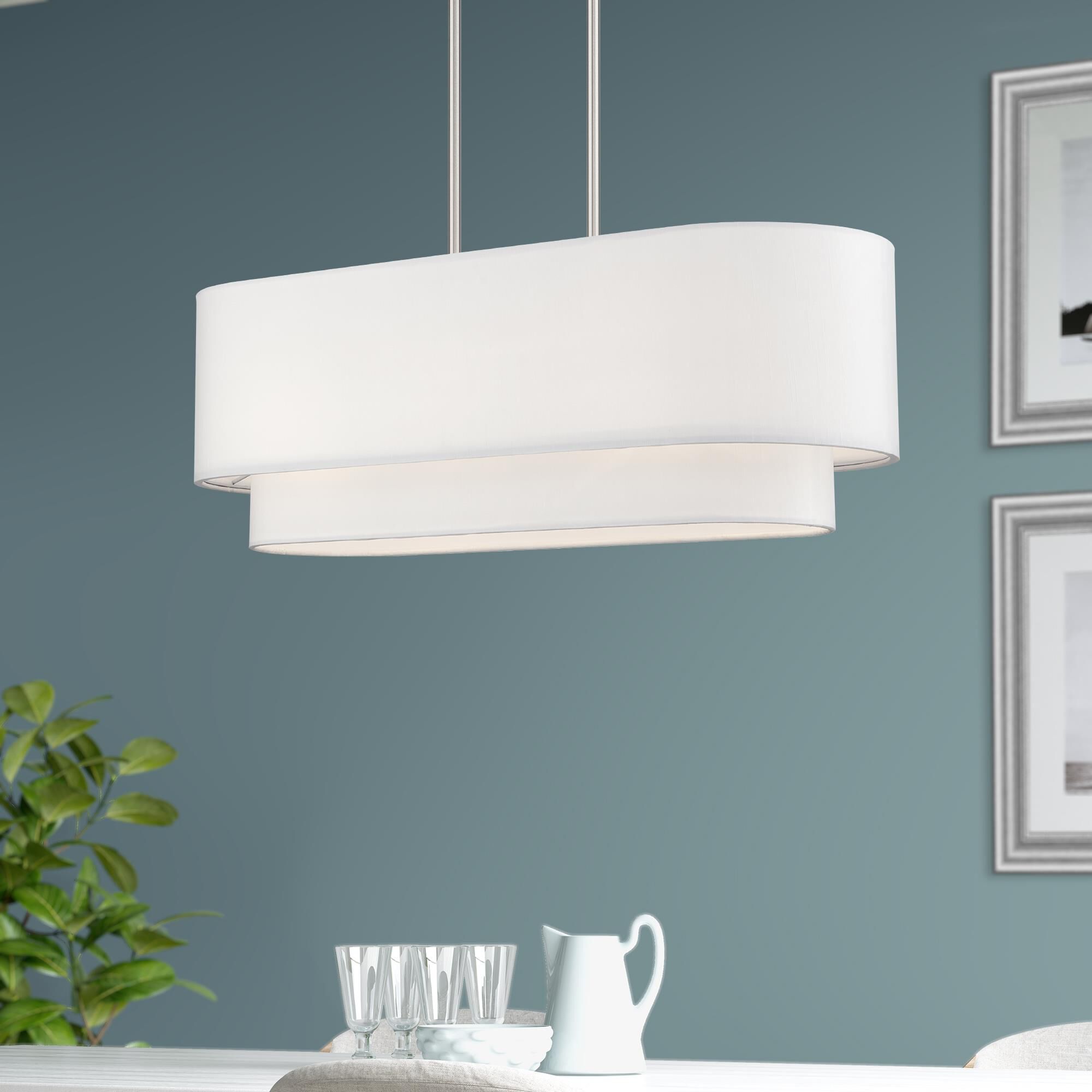 Shown in Brushed Nickel finish and Hand Crafted Off-White Fabric Hardbacks with White Fabric Inside shade