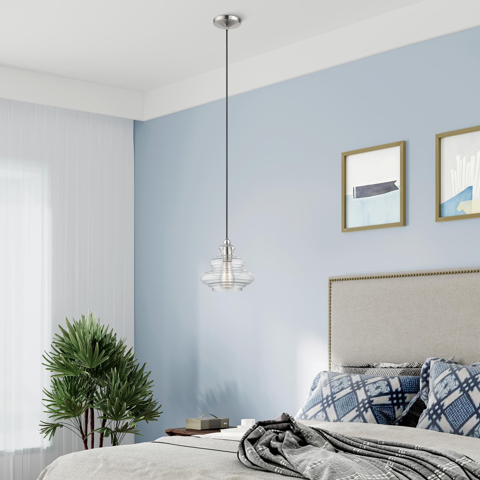 Shown in Brushed Nickel With Chrome Accents finish and Hand Blown Clear Art glass