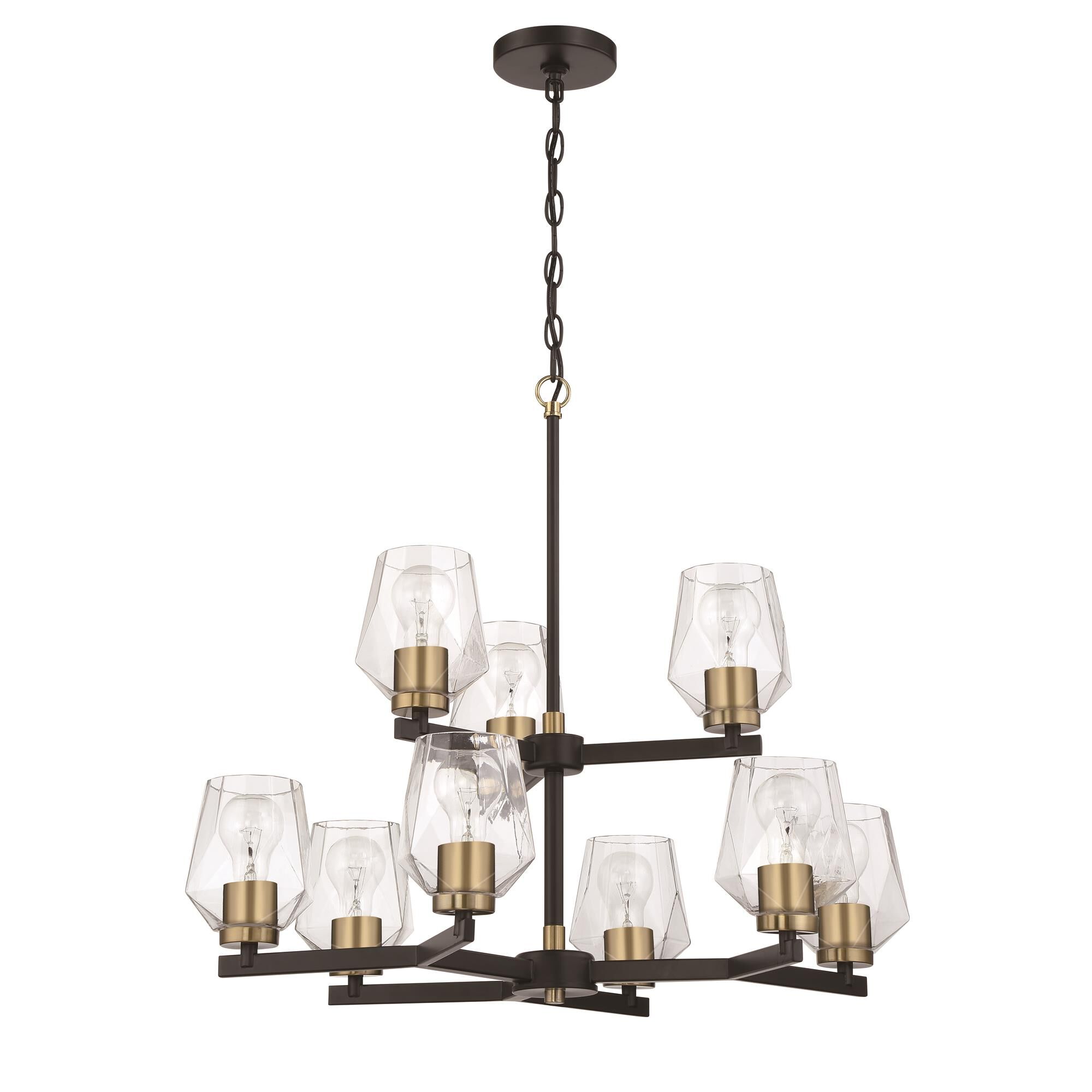 Shown in Flat Black/Satin Brass finish and Clear glass