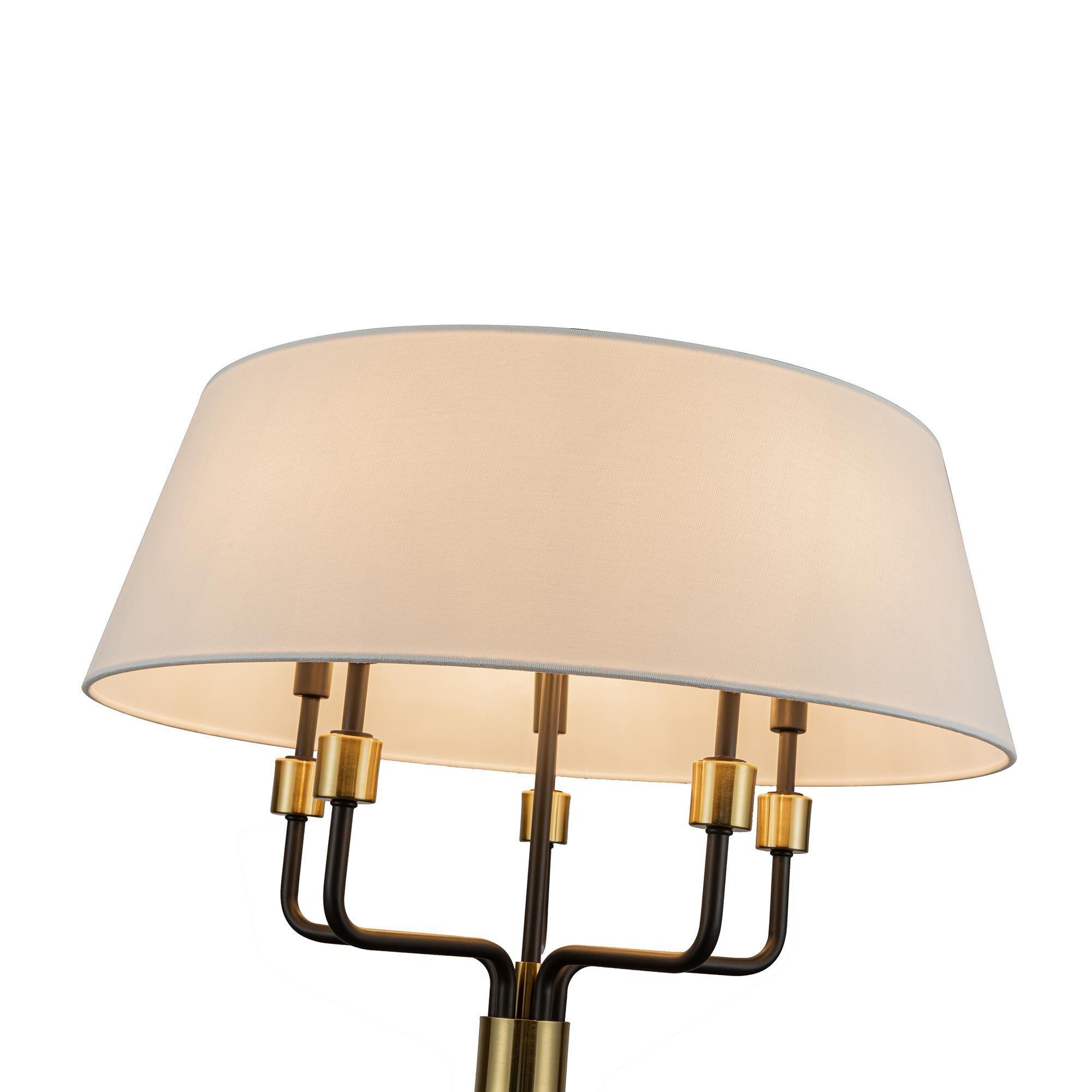 Shown in Black and Brushed Brass finish and Hardback Linen Fabric shade